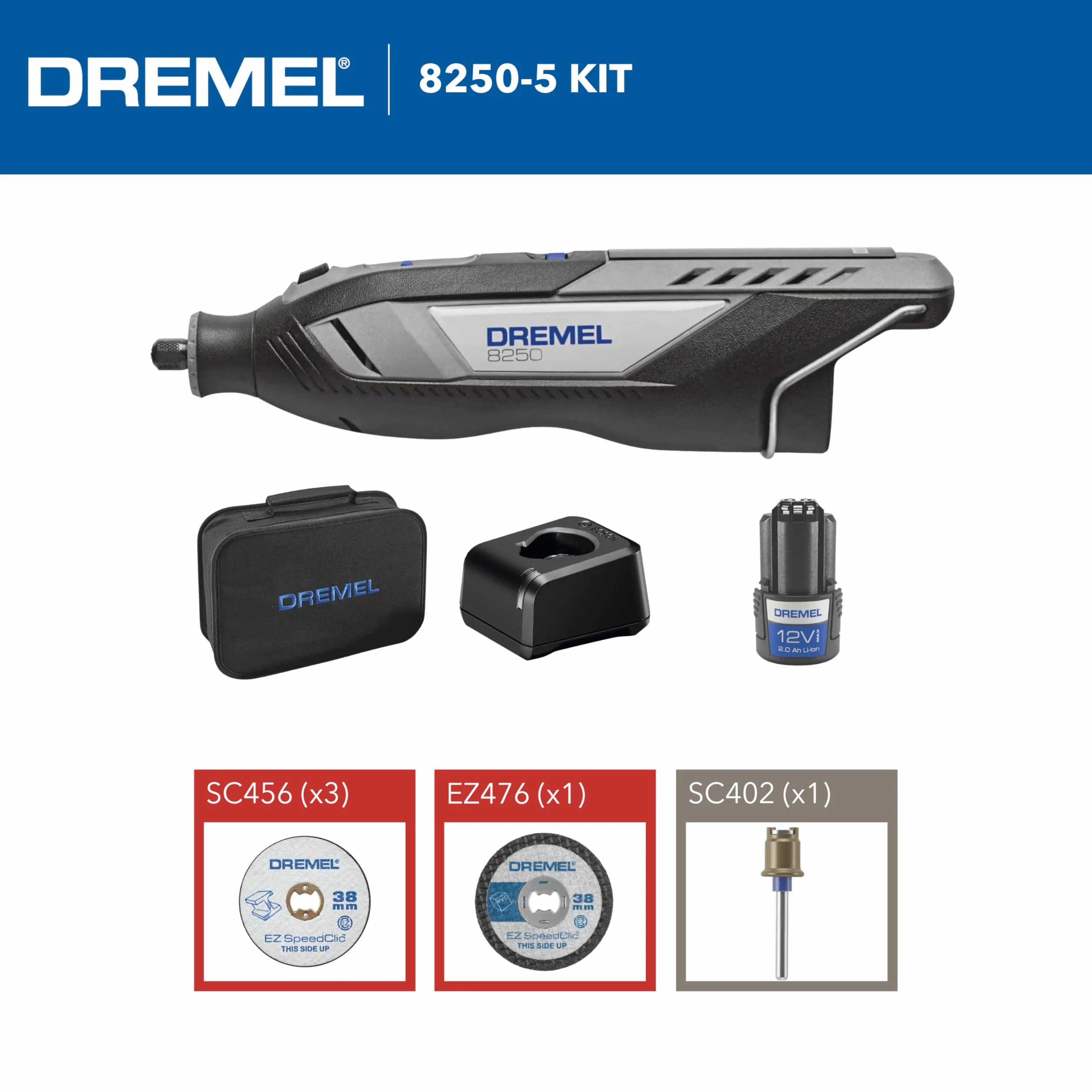 Dremel 8250 12V akumulatorowe narzędzie obrotowe 5.000-30.000 obr/min bezszczotkowy zestaw narzędzi wielofunkcyjnych z miękkim etui, 5 akcesoriami, frezowania, grawerowania, ścinania, napraw/DIY
