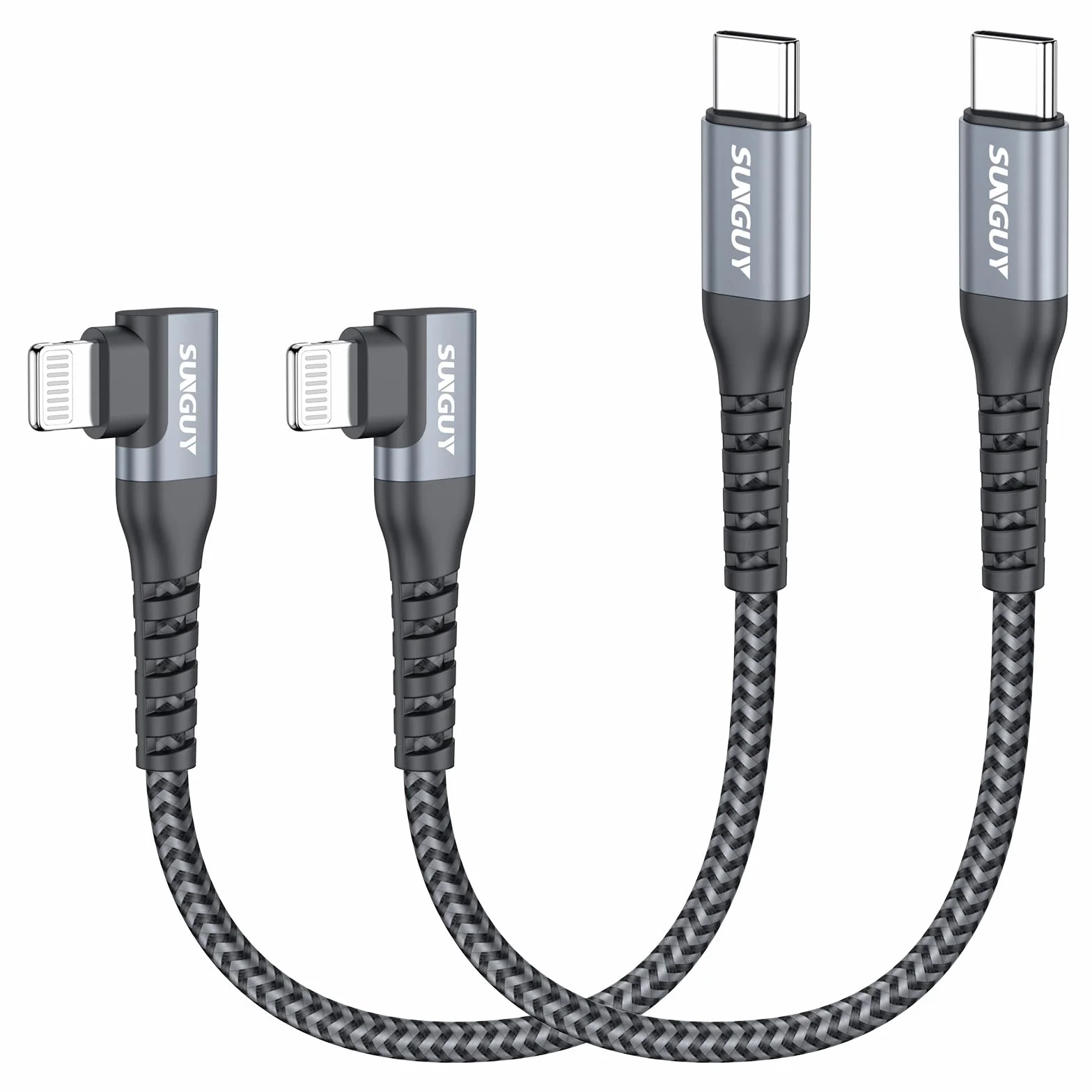 SUNGUY Kabel USB C do Lightning z kątem prostym [certyfikat MFi] 90 stopniowy Lightning, pleciony, do szybkiego ładowania iPhone 14/13/12/11 Pro Max Mini X XS XR Plus SE [Szary, 0.15m, 2Sztuki]