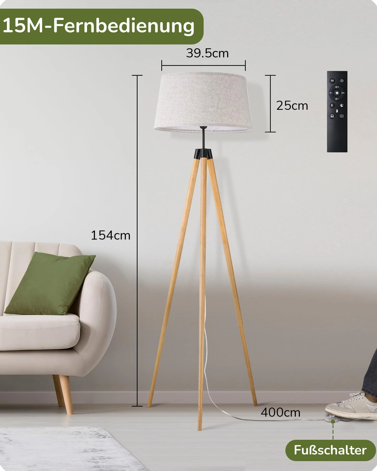 EDISHINE Lampa stojąca do salonu, ściemniana, lampa stojąca w stylu boho ze statywem z drewna, w zestawie żarówka LED E27 i pilot zdalnego sterowania, abażur w stylu vintage, lampa do czytania do