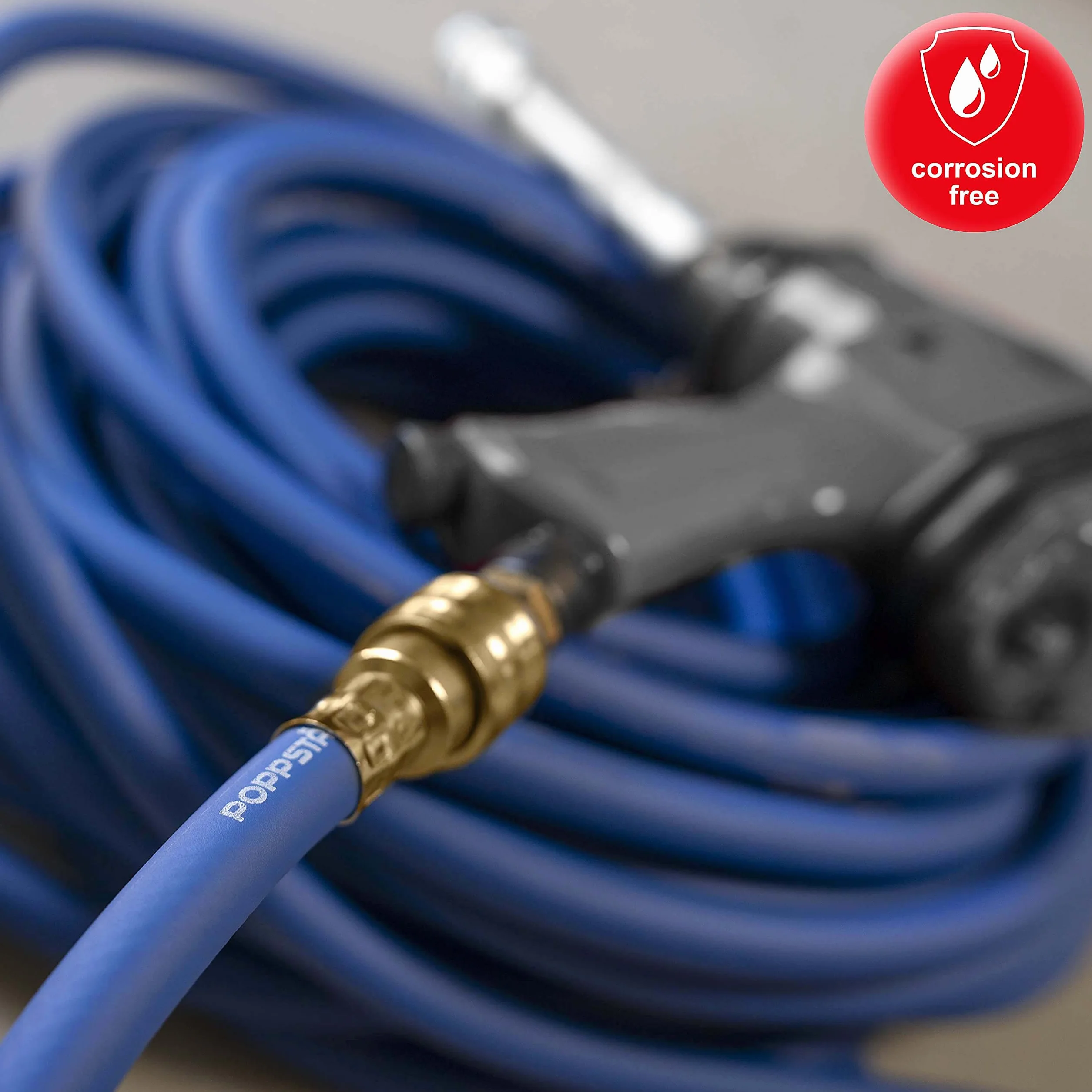 Poppstar wąż pneumatyczny 5m (hybrydowy: PVC wzmocniony tkaniną, średnica wew 9,2mm z szybkozłączką mosiężną i wtyczką złącza) do 20 bar, niebieski