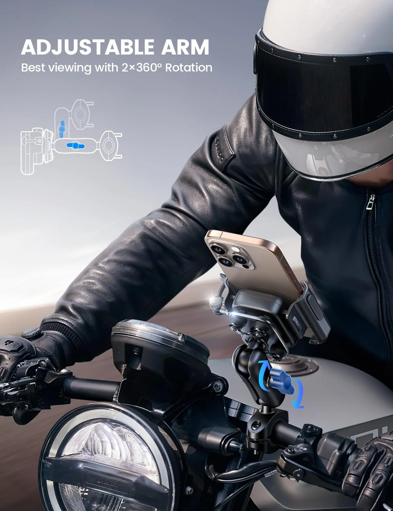 Lamicall Uchwyt na telefon dla motocykli[Podwójna antywstrząsowa]-[Całożelazny]Uchwyt telefon roweru,Przeciwdzbrodowski uchwyt moto wydłużalnym ramieniem, Przyjazny dla foto z iPhone, Galaxy, 4,7-7,2"
