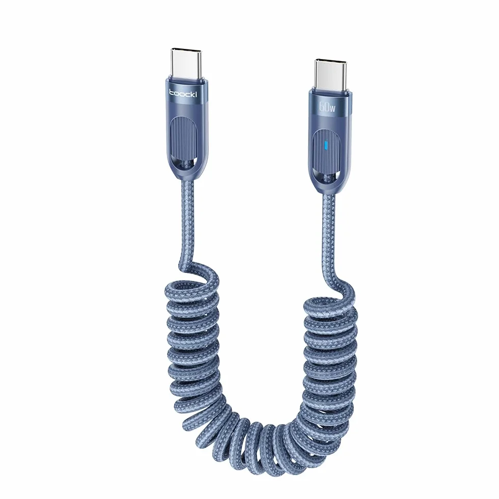 Toocki 60W Kabel Spiralny USB C do USB C Szybkie Ładowanie 1.8m Pleciony Nylon Kompatybilny z Galaxy Xiaomi Huawei iPhone 15/16/17