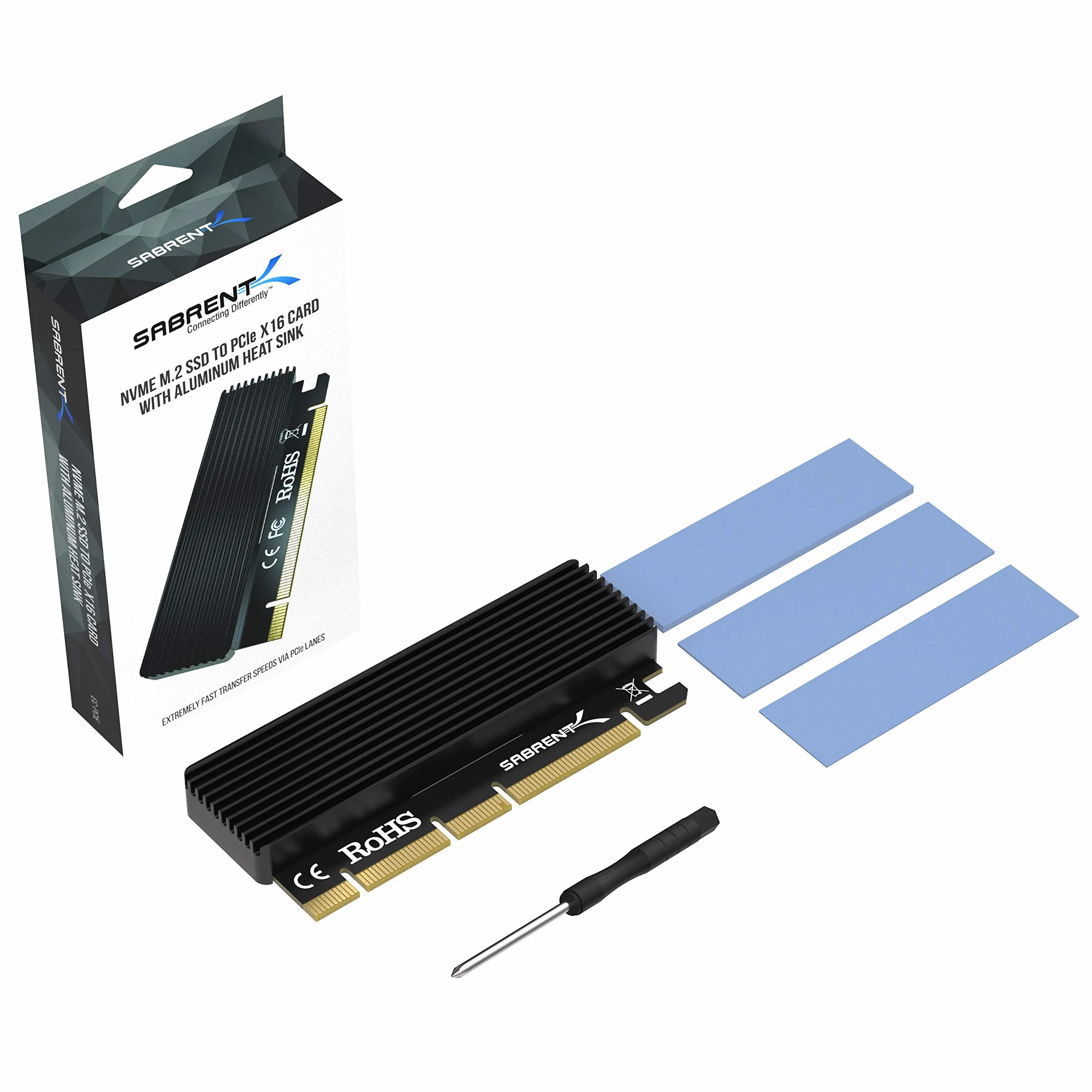 SABRENT Adapter M.2 SSD NVMe na PCIe z aluminiowym radiatorem i podkładką termiczną, do dysków SSD do 16 TB, konwerter M.2 NVMe na PCI-E 3.0 X4 X8 X16 (EC-PCIE)
