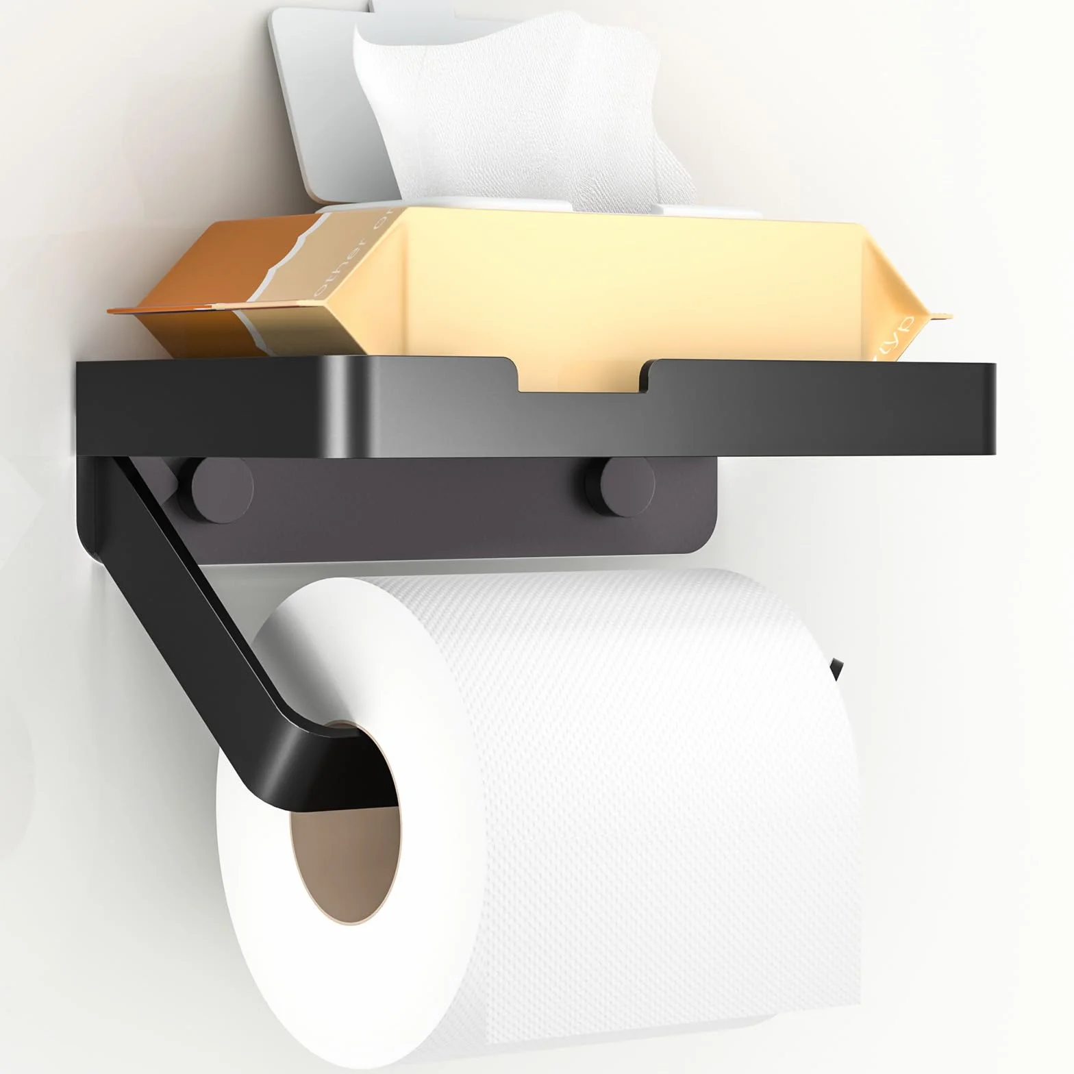 Euqvunn Wieszak na Papier Toaletowy z Półką, Wieszak na Papier Toaletowy z Aluminium, Montaż na Ścianie & Samoprzylepny & Wkręty, Akcesoria Łazienkowe i Kuchenne, Czarny Matowy
