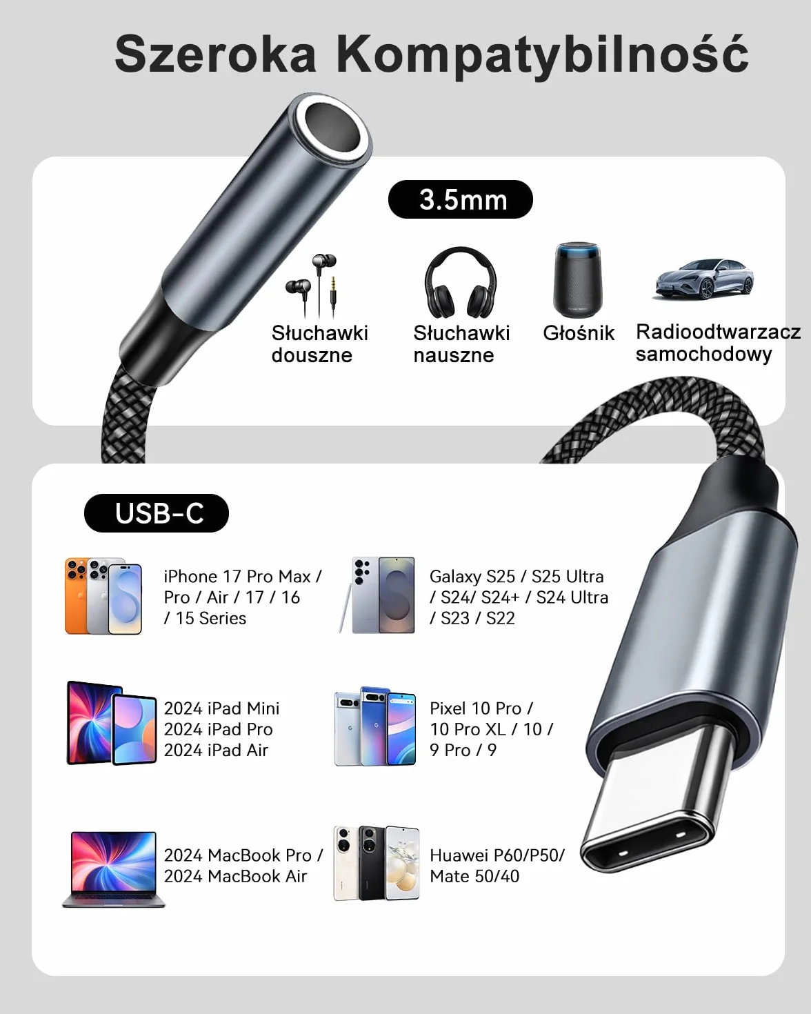 Adapter USB C na Jack 3,5 mm 2 sztuki z chipem DAC dla iPhone 17 Air/16 15 Pro Max iPad Pro Macbook Galaxy