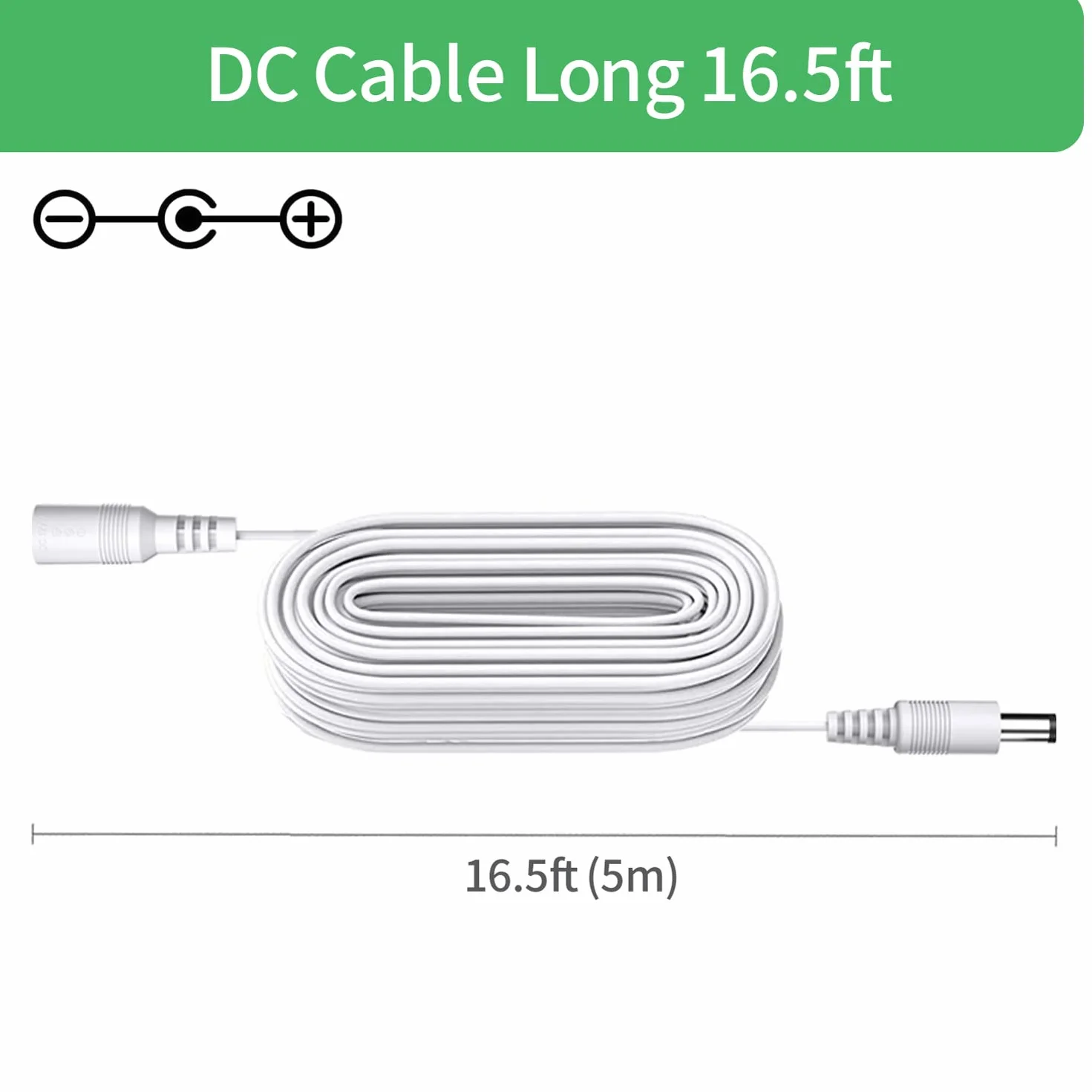 Przedłużacz zasilania DC 5 m, wtyczka 5,5 mm x 2,1 mm, wtyczka męska na żeńska, DC 5 V 6 V 9 V 12 V 24 V do kamer bezpieczeństwa, DVR, routera, drukarki, taśmy LED, biały