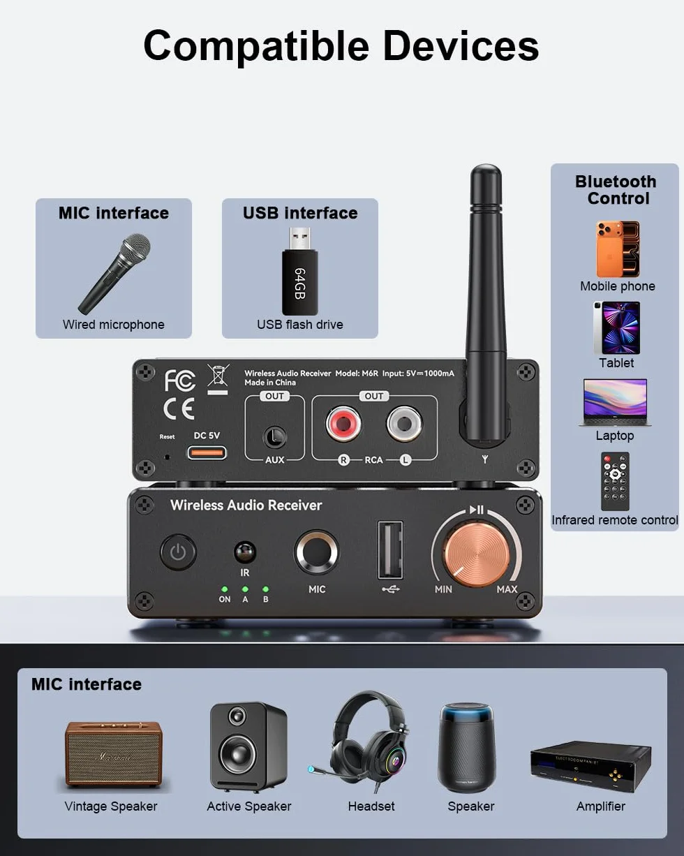 Bluetooth 6.0 Receiver Hi-Res Wireless Audio Adapter Low Latency for Stereo Speakers Home Audio