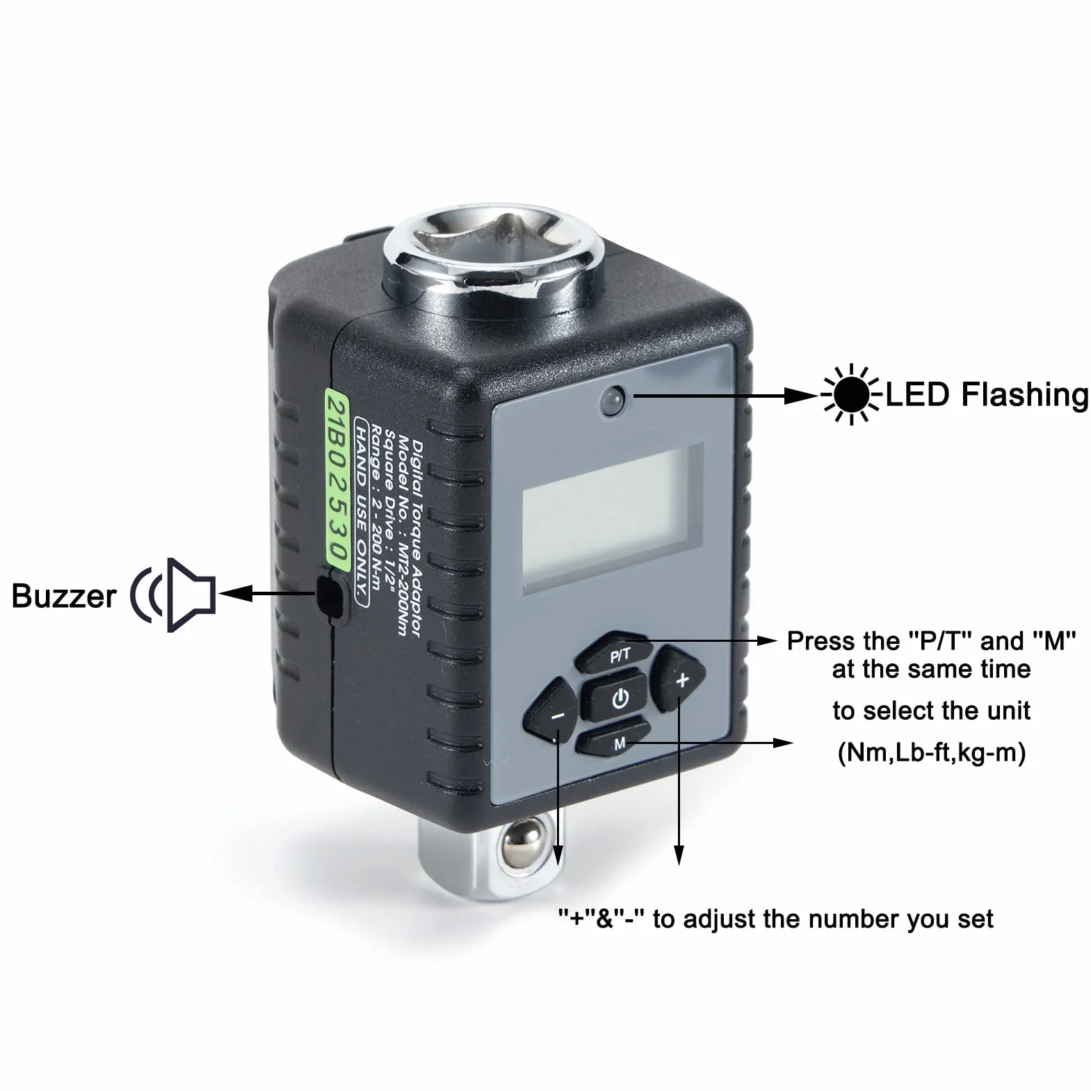 ThreeH 1/2'' (1,5 do 200 Nm) Ciężki adapter momentu obrotowego z cyfrowym wyświetlaczem LED i alarmem dźwiękowym (1/2'' napęd i zawiera adaptery do 3/8'' i 1/4'')