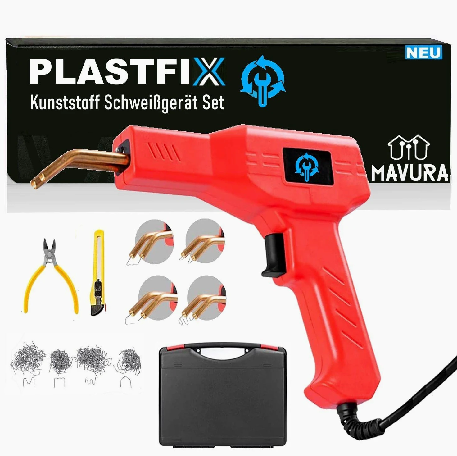 PLASTFIX spawarka do tworzyw sztucznych do spawania zderzaków, zestaw naprawczy do samochodu, plastikowa spawarka wraz z 200 klamrami spawalniczymi