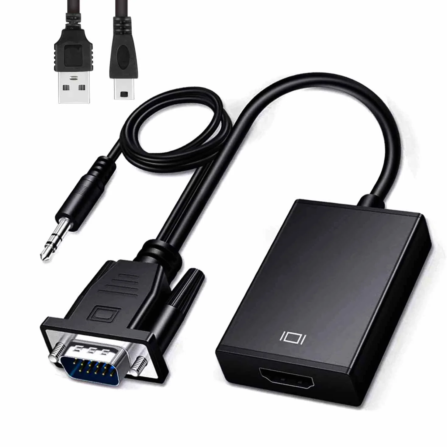 1080p@60HZ VGA na HDMI z 3,5 mm kablem audio i kablem zasilającym, konwerterem VGA na HDMI, kompatybilny z męskim VGA i HDMI żeńskim do monitorów telewizyjnych