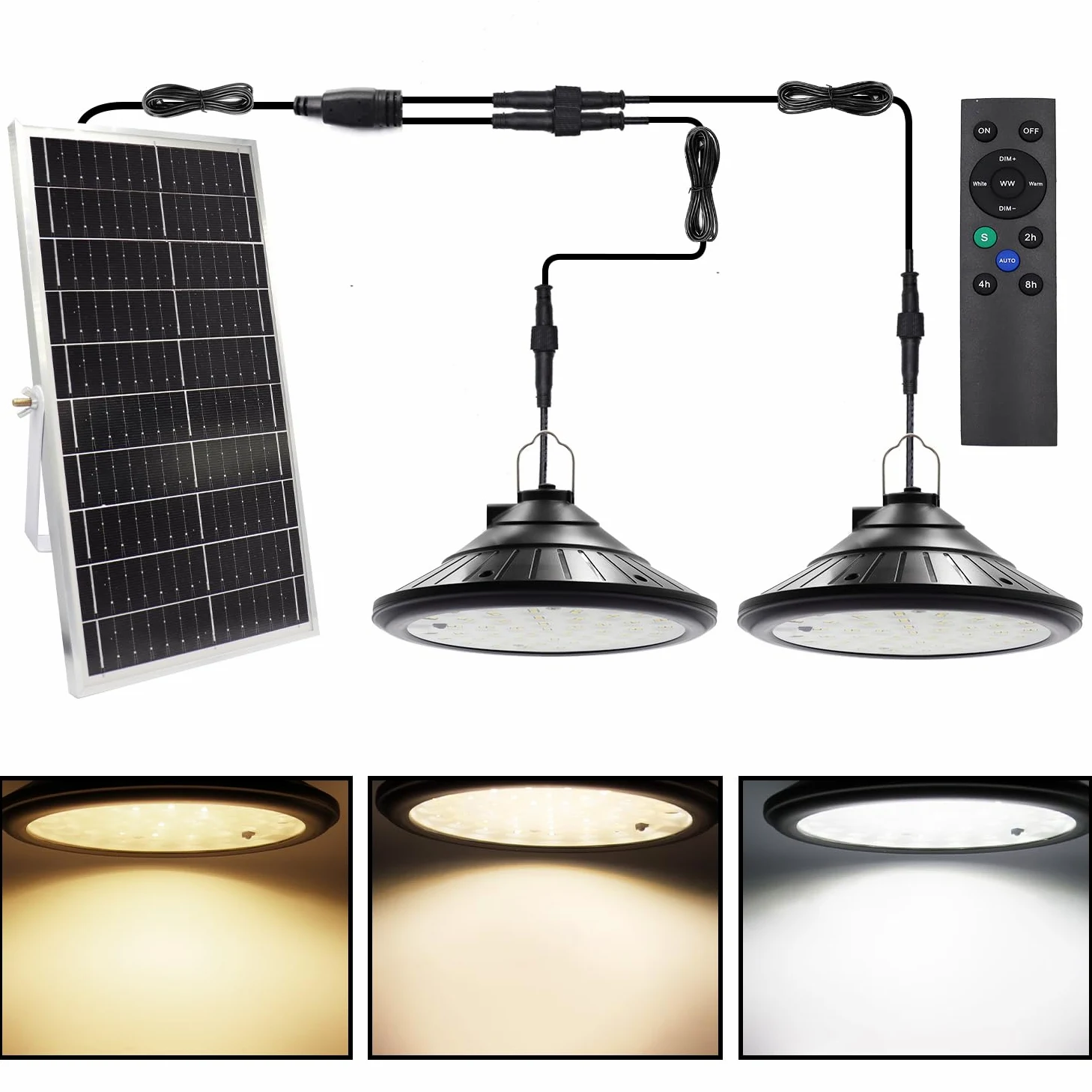2 Solarne lampy wiszące LED do użytku na zewnątrz, wewnątrz, solarne lampy wiszące z pilotem zdalnego sterowania, 3200K, 4800K, 5200K, 4 tryby, IP66 wodoodporne wiszące światło słoneczne na taras