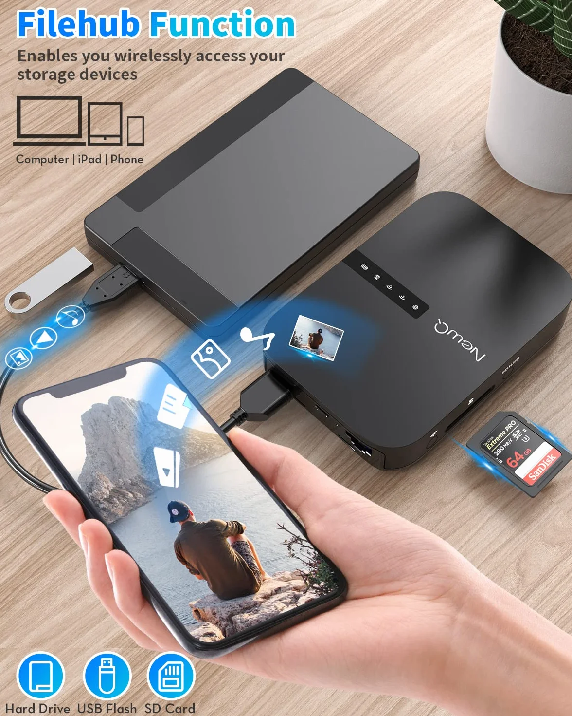 NEWQ Filehub AC750 przenośny dysk twardy czytnik SD bezprzewodowy dostęp do zewnętrznego dysku USB