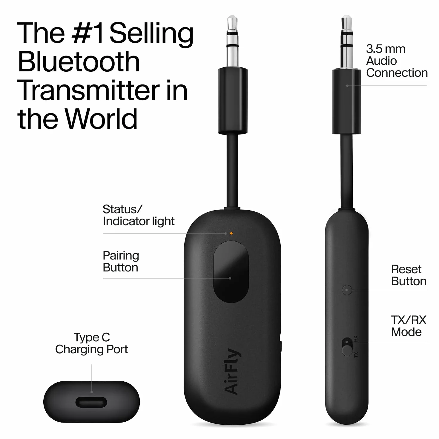Twelve South AirFly Pro - Bezprzewodowy nadajnik/odbiornik audio Bluetooth do 2 słuchawek AirPods/bezprzewodowych; Użyj z dowolnym złączem audio 3,5 mm, kolor czarny