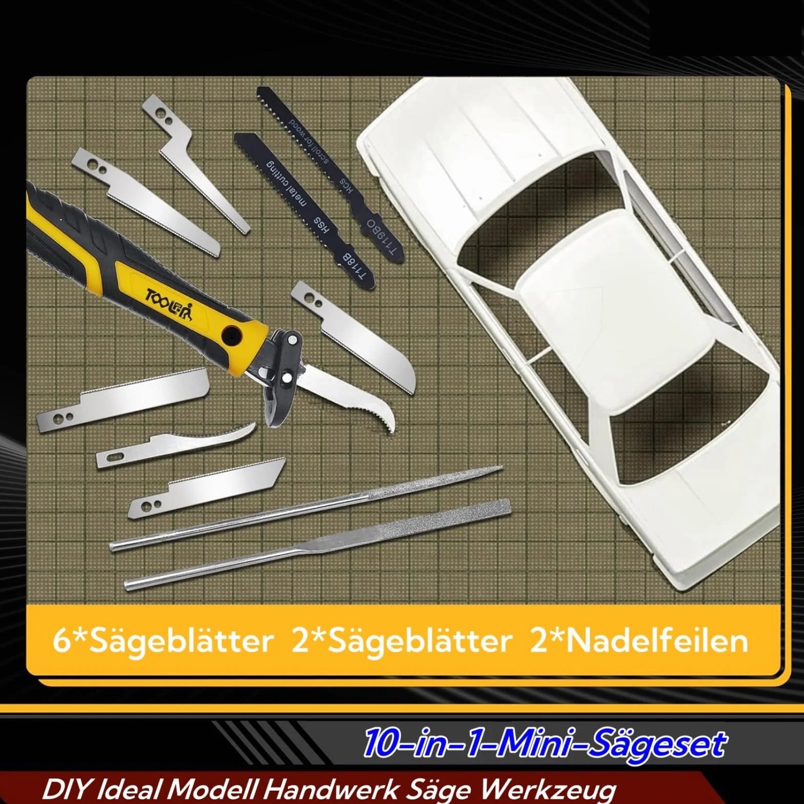 Magicbox Zestaw pił modelarskich 10 w 1, mini piła do drewna i majsterkowania, w zestawie: 6 pił + 2 ostrza do wyrzynarek + pilniki igłowe - system szybkiej wymiany, ergonomiczny uchwyt antypoślizgowy