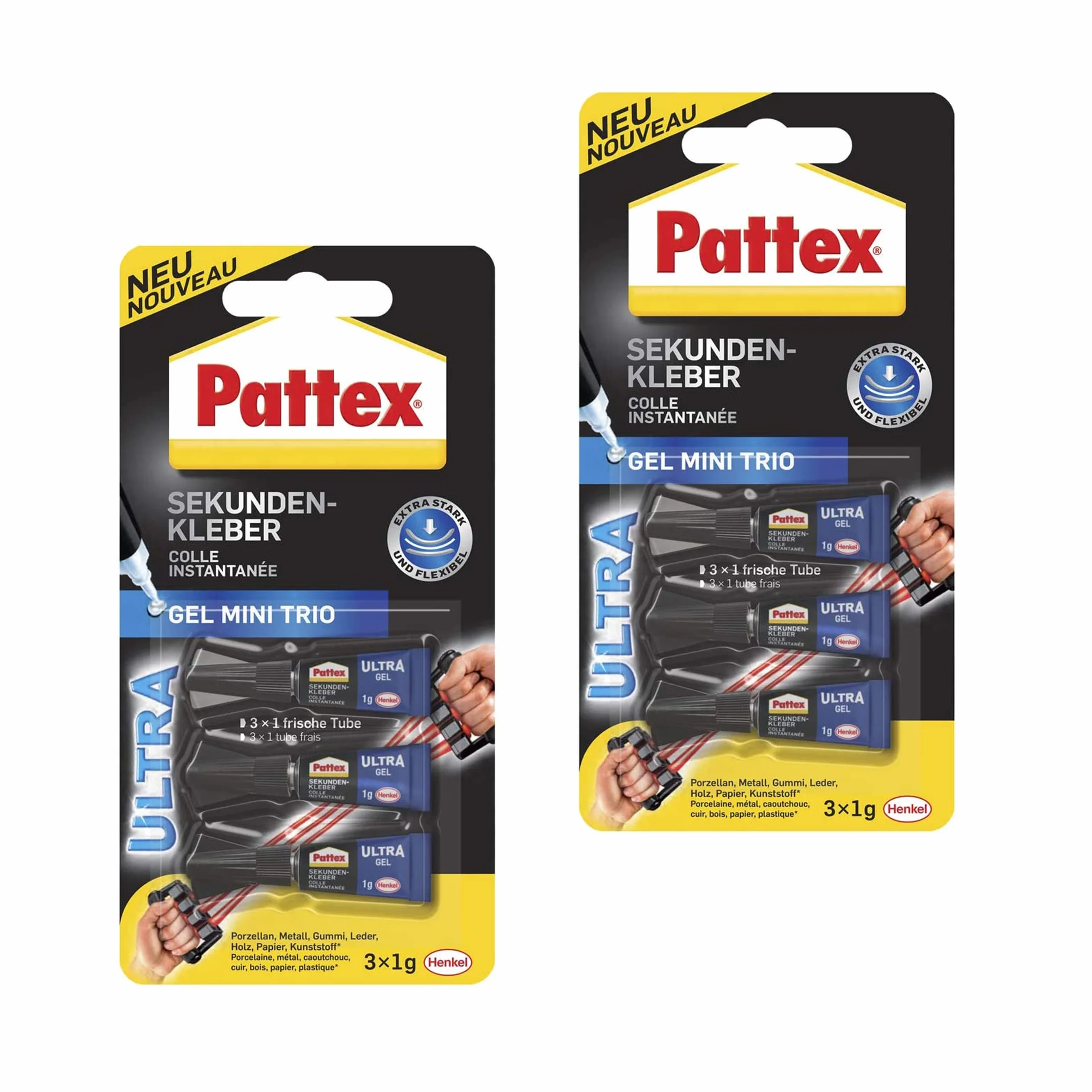 Pattex klej błyskawiczny Ultra Gel Mini Trio, 6x 1 g tubka extra mocny i elastyczny super klej, żel do klejenia błyskawicznego np. gumy, skóry, drewna