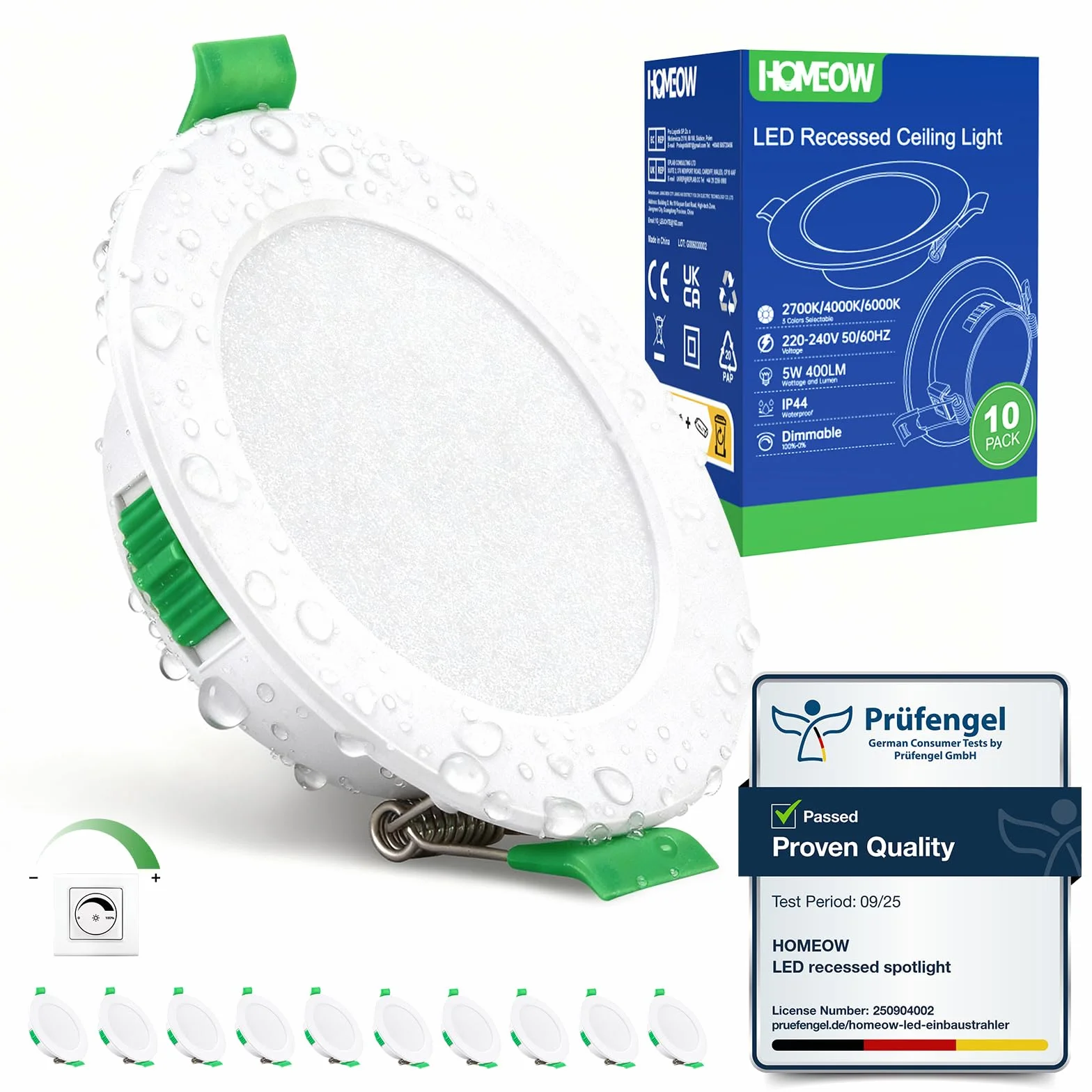 HOMEOW Zestaw 10 reflektorów LED do zabudowy, 230 V, możliwość ściemniania, 68 mm – 80 mm, wymiary otworu, IP44, reflektor do zabudowy, LED 5 W, 400 lm, ciepła biel, neutralna biel, zimna biel, 24 mm