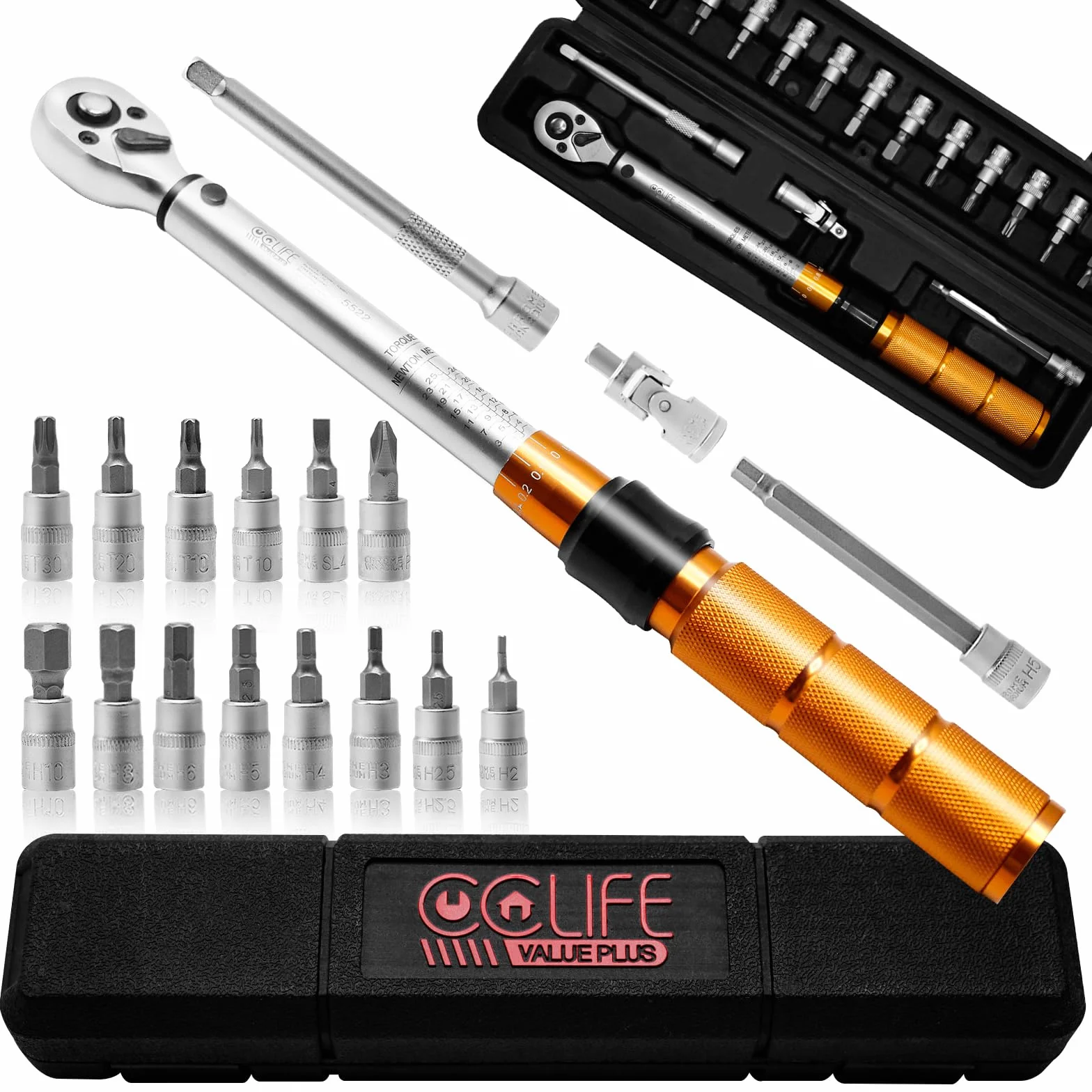 CCLIFE Klucze dynamometryczne do samochodu 1/4" 1-25 Nm, zestaw misek dynamometrycznych do roweru i motocykla z drążkiem przedłużającym 100 mm, przegub uniwersalny, 19-częściowy