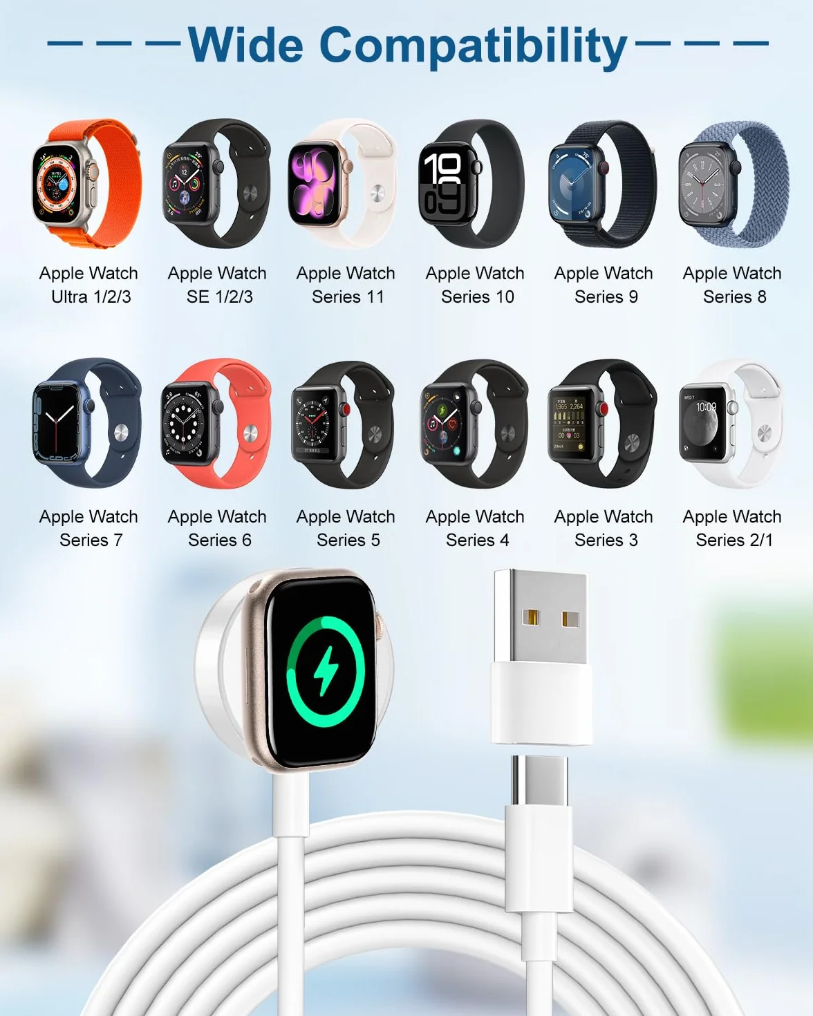 Ładowarka magnetyczna do Apple Watch z kablem, szybkie ładowanie bezprzewodowe 2M, kompatybilna z Apple Watch Series 11/10/9/8/7/6/5/4/3/2/SE/Ultra, 1 szt.
