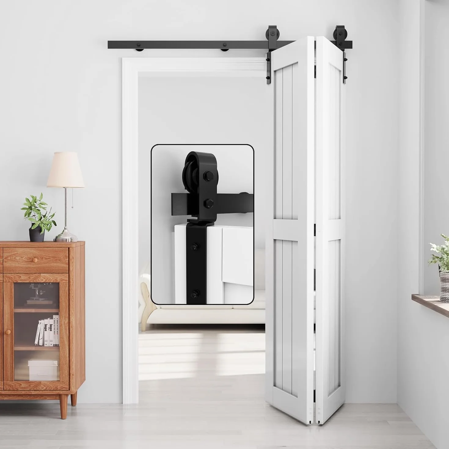 WINSOON Zestaw podwójnych drzwi przesuwnych 100 cm, zestaw szyn przesuwnych do stodoły, czarna szafa, rolka, podwójne drzwi drewniane, 46 cm, bez drzwi
