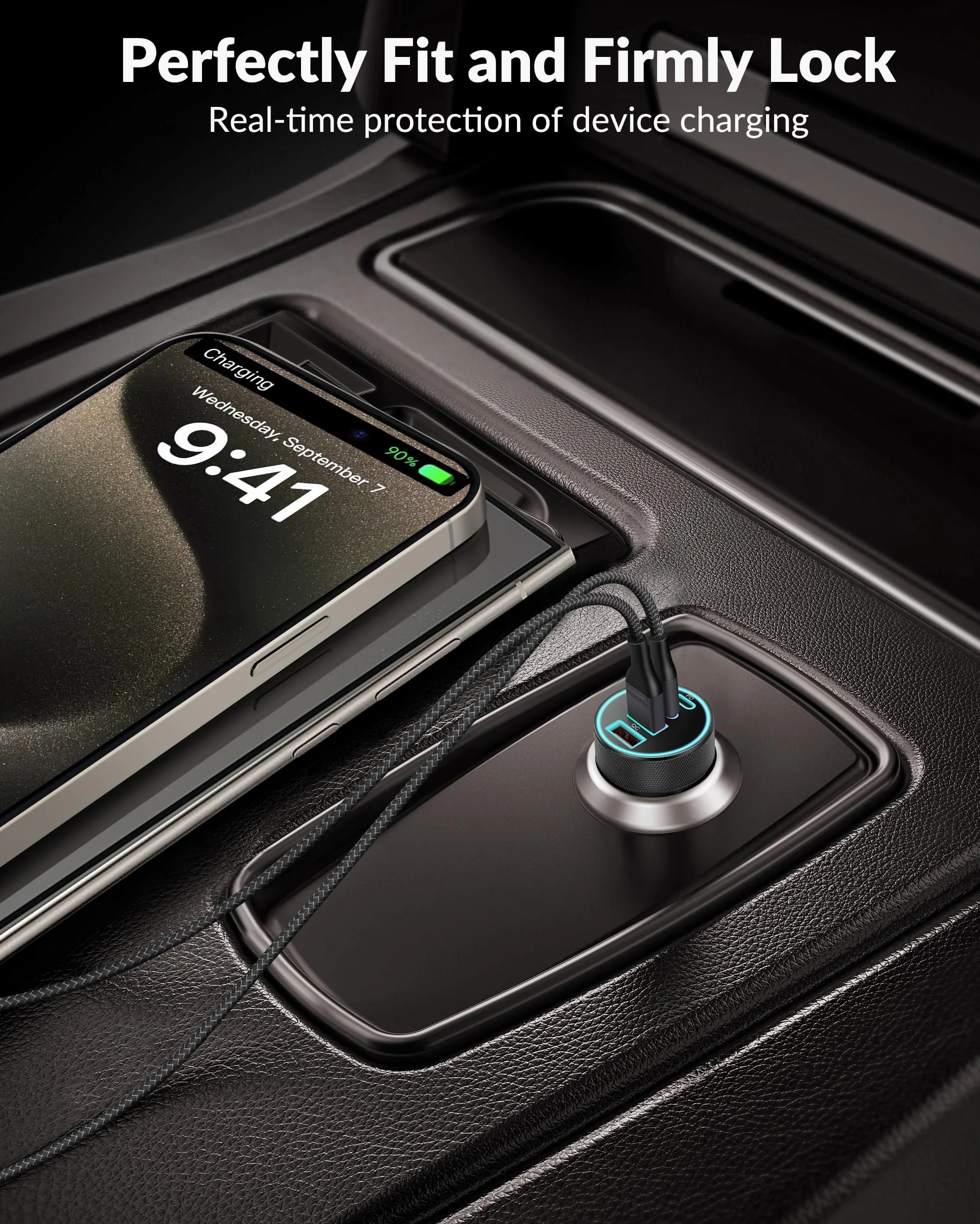 90W USB-C Car Charger With 4 Ports PD/QC Fast Charging 12V Compatible with iPhone 16 15 14 13 12 Pro Max, Samsung Galaxy S24 S23 S22 Ultra, Google Pixel 9 8 7 6