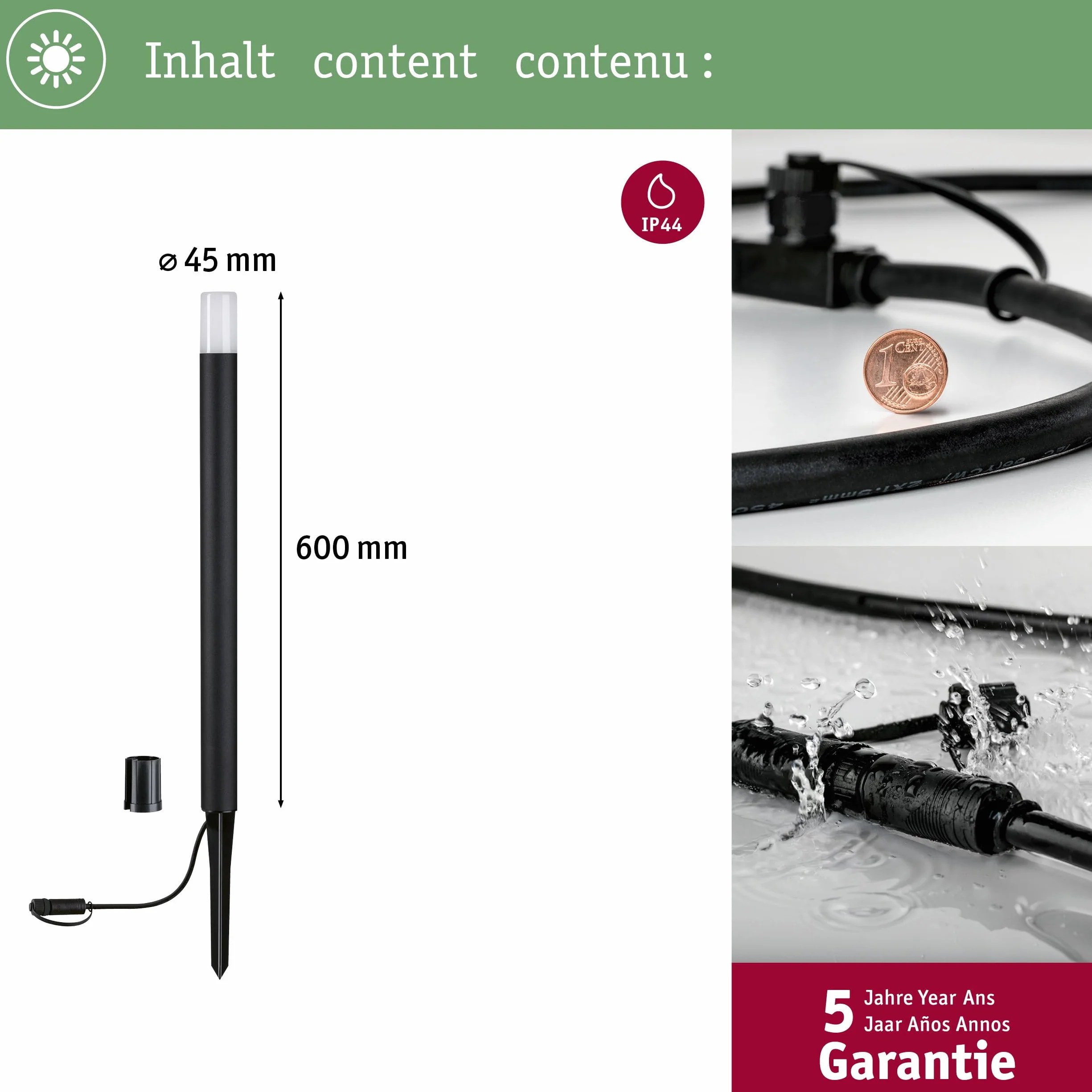 Paulmann 94537 Plug & Shine LED oprawa zewnętrzna, słupek Flarea IP65 600mm ciepłobiały, w zest. 1x3,6 Watt ściemn. czarny, metal 3000 K