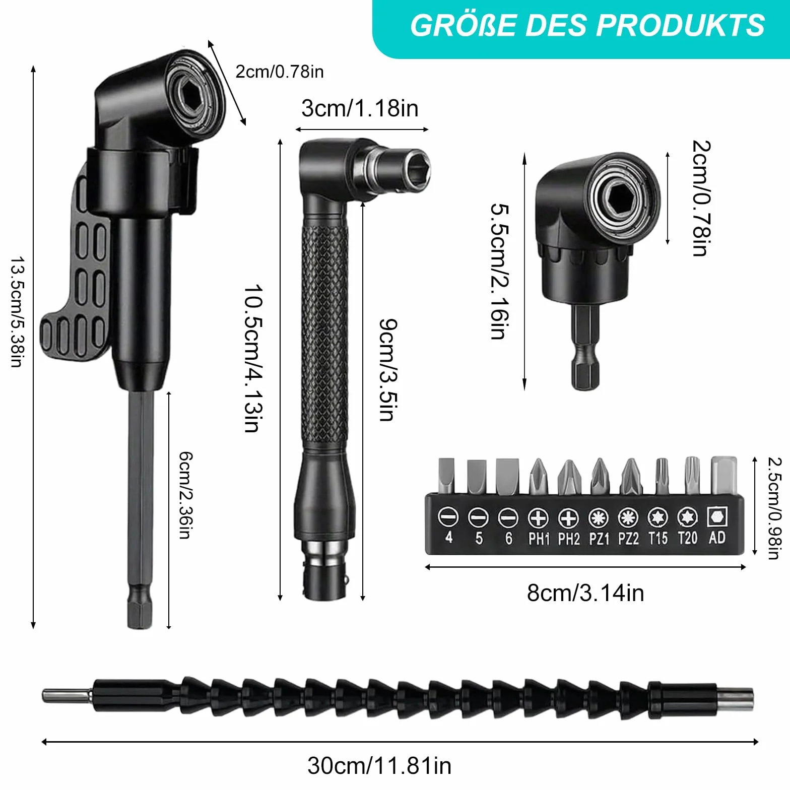 Adapter do wkrętarki kątowej 105°, 14 sztuk, zestaw nasadek kątowych do wkrętarki akumulatorowej z sześciokątnym trzonkiem 1/4", elastyczny uchwyt do bitów, nasadka do wiercenia kątowego dla