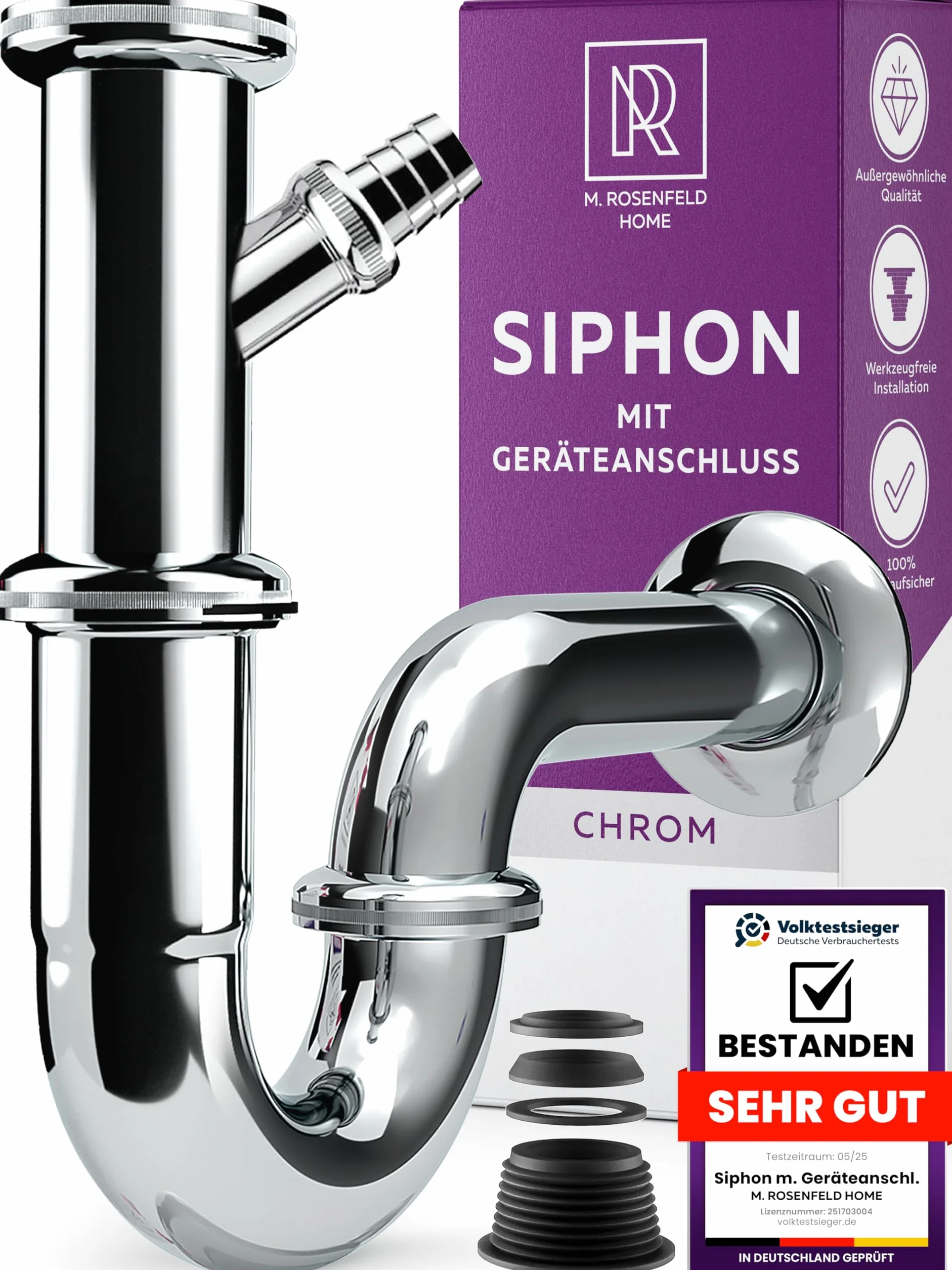 M. ROSENFELD HOME Syfon do umywalki – uniwersalny syfon rurowy 1 1/4" do umywalki w łazience, syfon zapachowy z rurą odpływową, kompletny zestaw z uszczelkami i rozetą