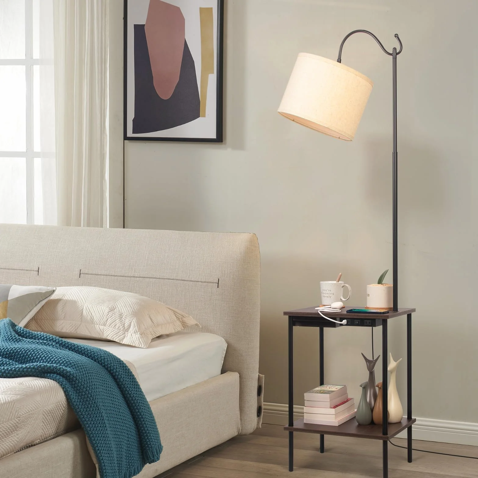 Czarna lampa podłogowa z stolikiem, lampa przemysłowa do salonu z podwójną półką, 2 porty USB, lampa podłogowa do gabinetu, salonu, biura i sypialni