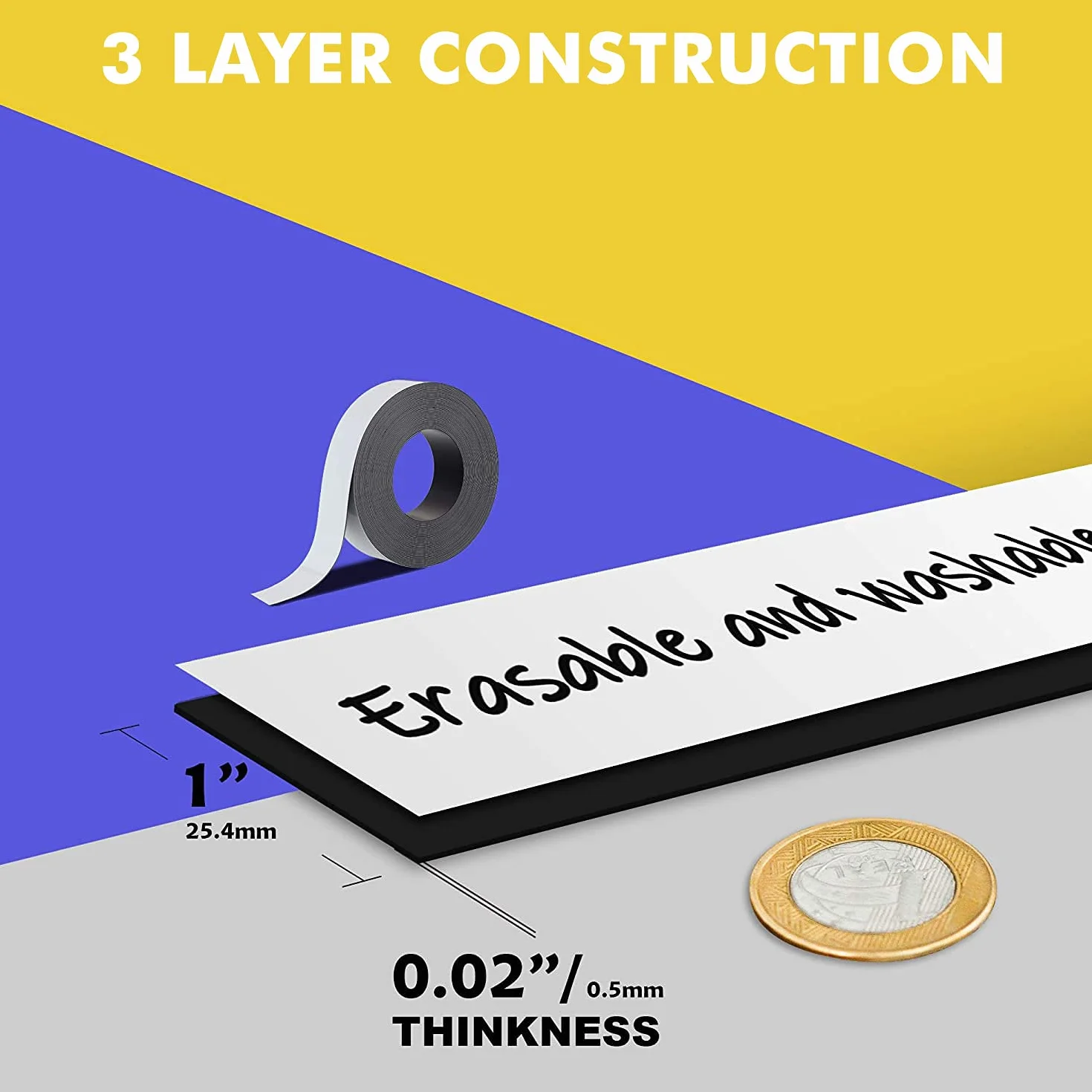LLPT Magnetyczne paski etykiet suchościeralnych, 25 mm x 8 m, puste, zapisywalne etykiety magnetyczne w rolce, wielokrotnego użytku, do cięcia na półce lodówki, tablicy, przyborników, rzemiosła i