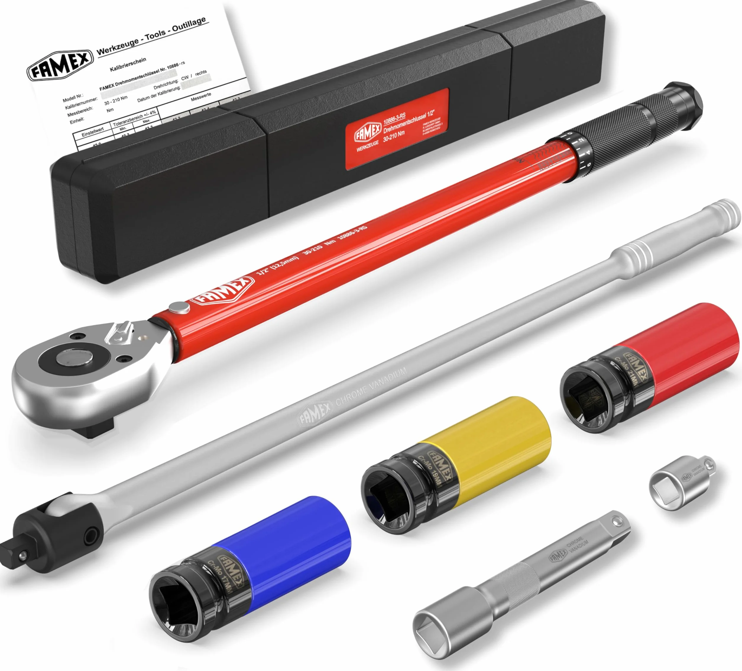 FAMEX 10914 zestaw kluczy dynamometrycznych 1/2" (12,5 mm) 30-210 Nm, do wymiany opon – w zestawie 3 klucze nasadowe i bardzo wytrzymały klucz przegubowy 60 cm 630 Nm, przedłużenie, zestaw do wymiany