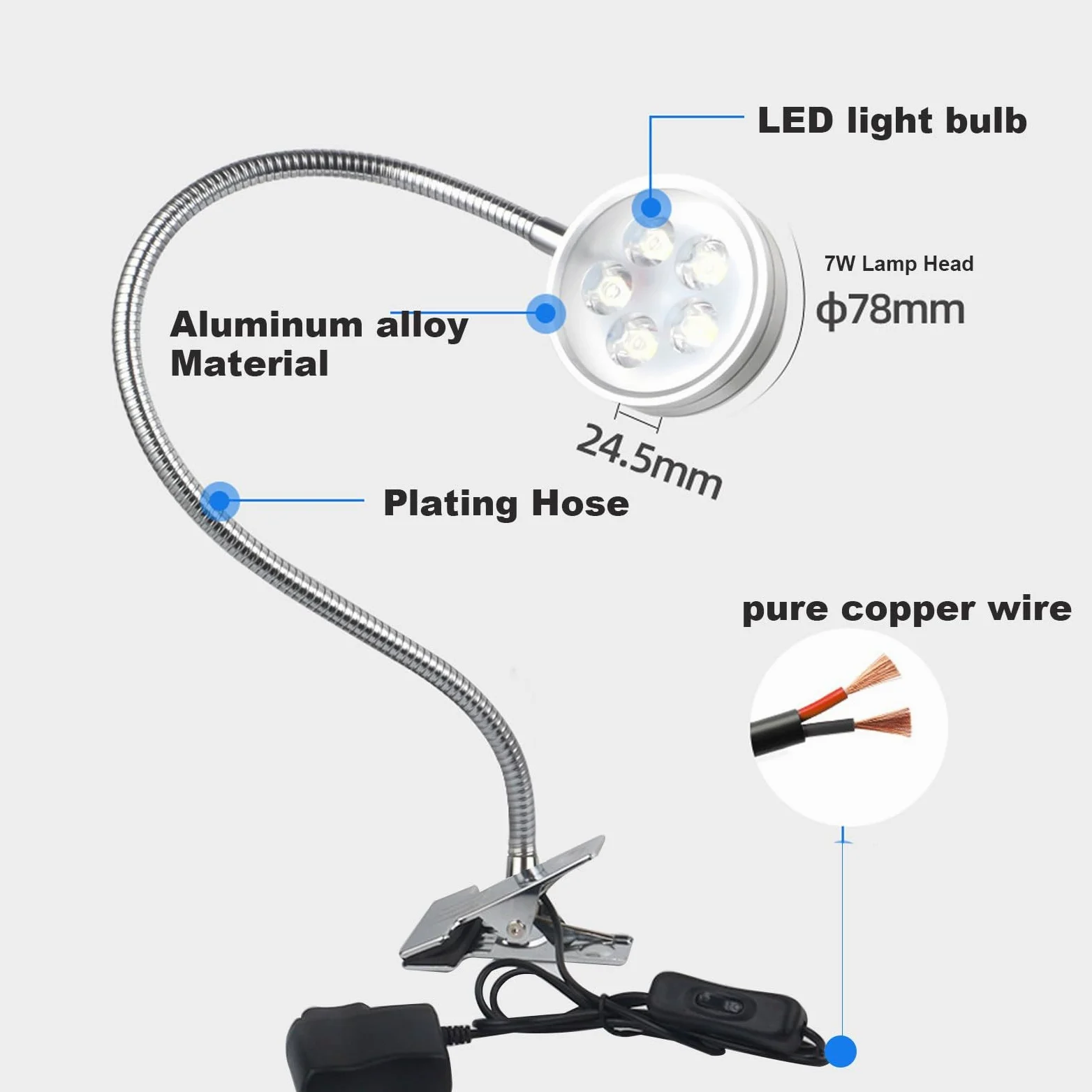 3/7W Elastyczna lampa robocza z gęsią szyją Wodoodporna lampa maszynowa, lampa robocza LED ze przełącznikiem, przemysłowe reflektory oświetleniowe z podstawą zaciskową, oświetlenie