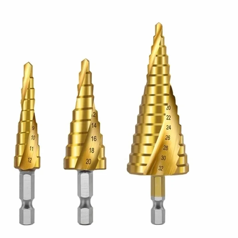 Wiertła do metalu, wiertła stopniowe z rowkiem spiralnym, 3 szt. 4-12 MM 4-20 MM 4-32 MM Zestaw wierteł stopniowych z łbem sześciokątnym, HSS Metal pokryty tytanem Frezy do otworów w drewnie Elektrona