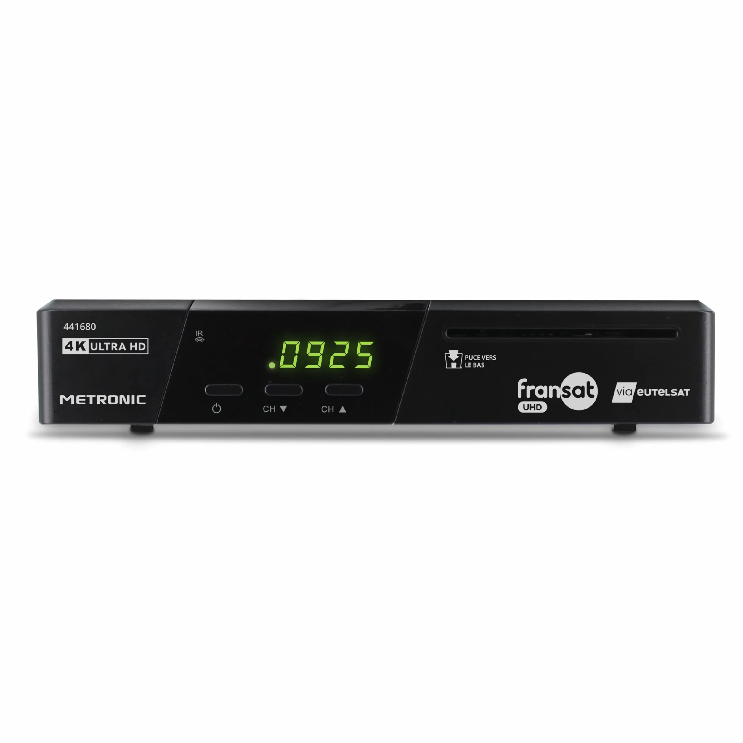 METRONIC Dekoder telewizji satelitarnej 441680 Fransat 4K UHD HDR10, darmowy odbiór telewizji NT, dźwięk Dolby Atmos, port USB z podwójną mocą, karta Fransat w zestawie, pauza i odtwarzanie telewizji