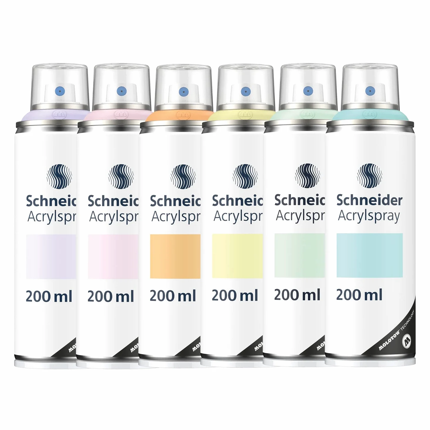 Schneider Paint-It ML03060902 lakier akrylowy, pastelowy zestaw (6 puszek wysoko kryjącej farby w sprayu, odporny na promieniowanie UV, 6 x 200 ml, spray akrylowy do prawie wszystkich podłoży), 6
