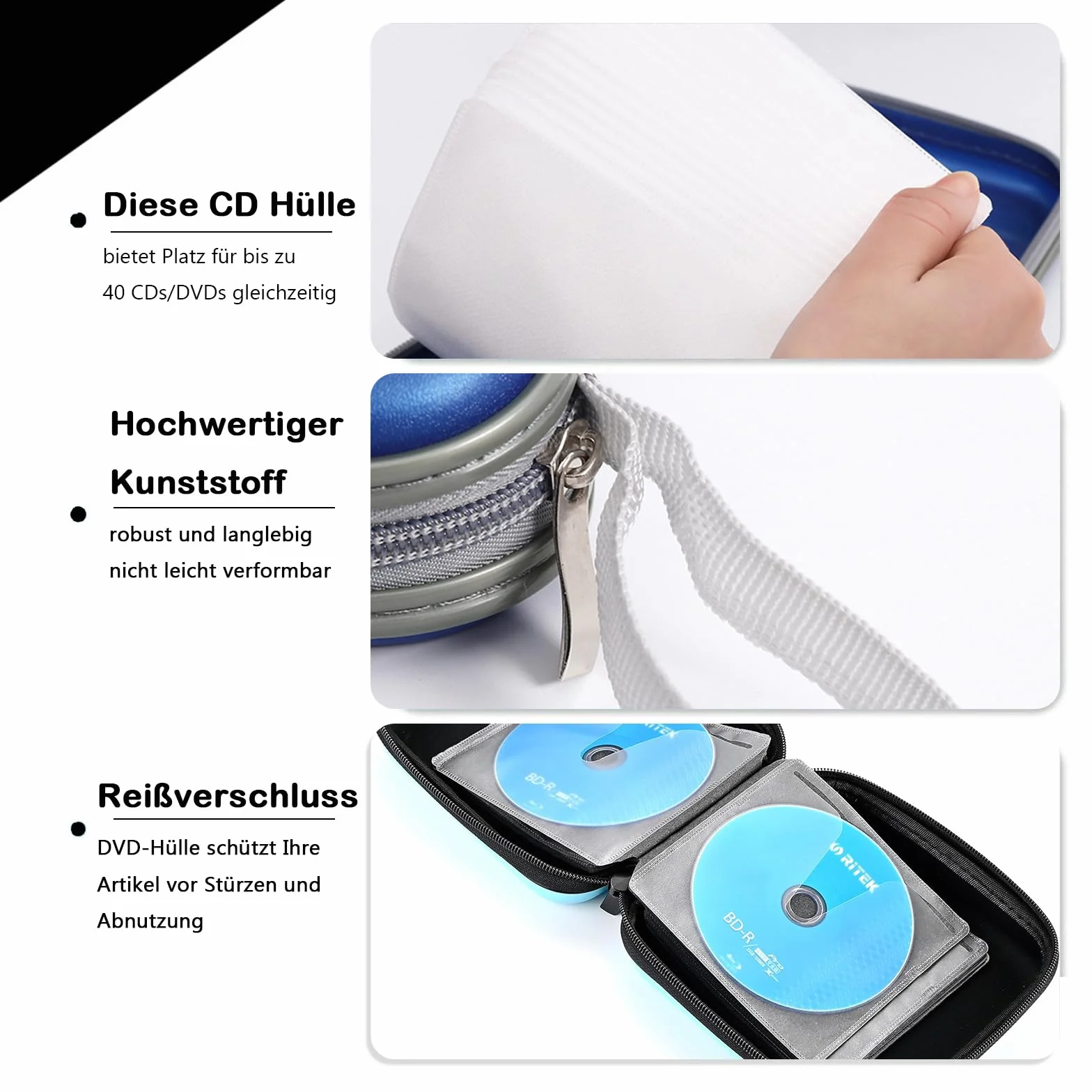 Torba na 40 płyt CD, etui na płyty CD/DVD, z zamkiem błyskawicznym, torebka Oxford, mapka do przechowywania, oszczędność miejsca do samochodu i domu (czarny-twardy plastik)