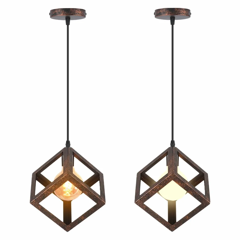 iDEGU 2 szt. Nowoczesny sześcian żyrandol w kształcie sześcianu geometryczny styl E27 Vintage metalowa lampa sufitowa lampa wisząca do sypialni salonu restauracji (Rdza)