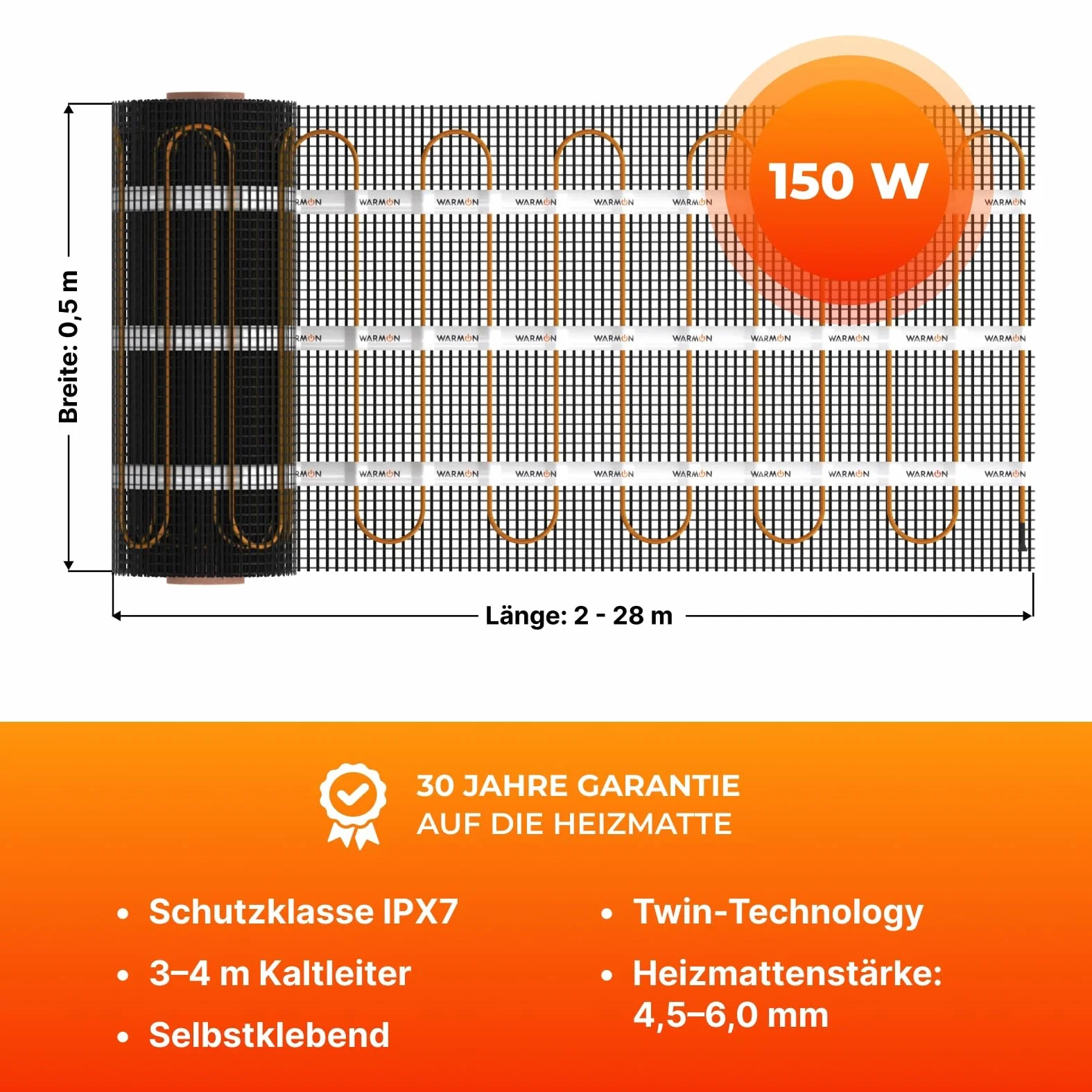 2 x maty grzewcze WARMON CLASSIC 150 W/m² (12 + 8 m²) w zestawie termostat pokojowy TS 25 analogowy - 20 m², termostat: , rozmiar maty: 1,5 m²