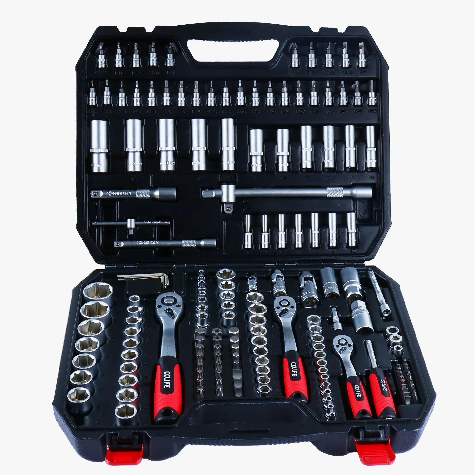 CCLIFE Zestaw kluczy nasadowych 171-częściowy – 1/4" 3/8" 1/2" skrzynka z grzechotką 72-zębową, zestaw kluczy nasadowych ze stali CrV – do samochodu, motocykla, warsztatu i majsterkowiczów