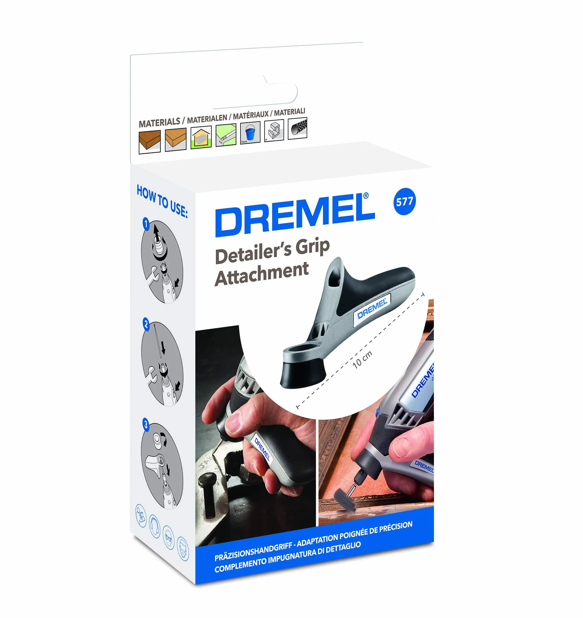 Dremel 577 Uchwyt detailera - uniwersalny zestaw akcesoriów do narzędzia obrotowego z 1 przystawką i 3 akcesoriami