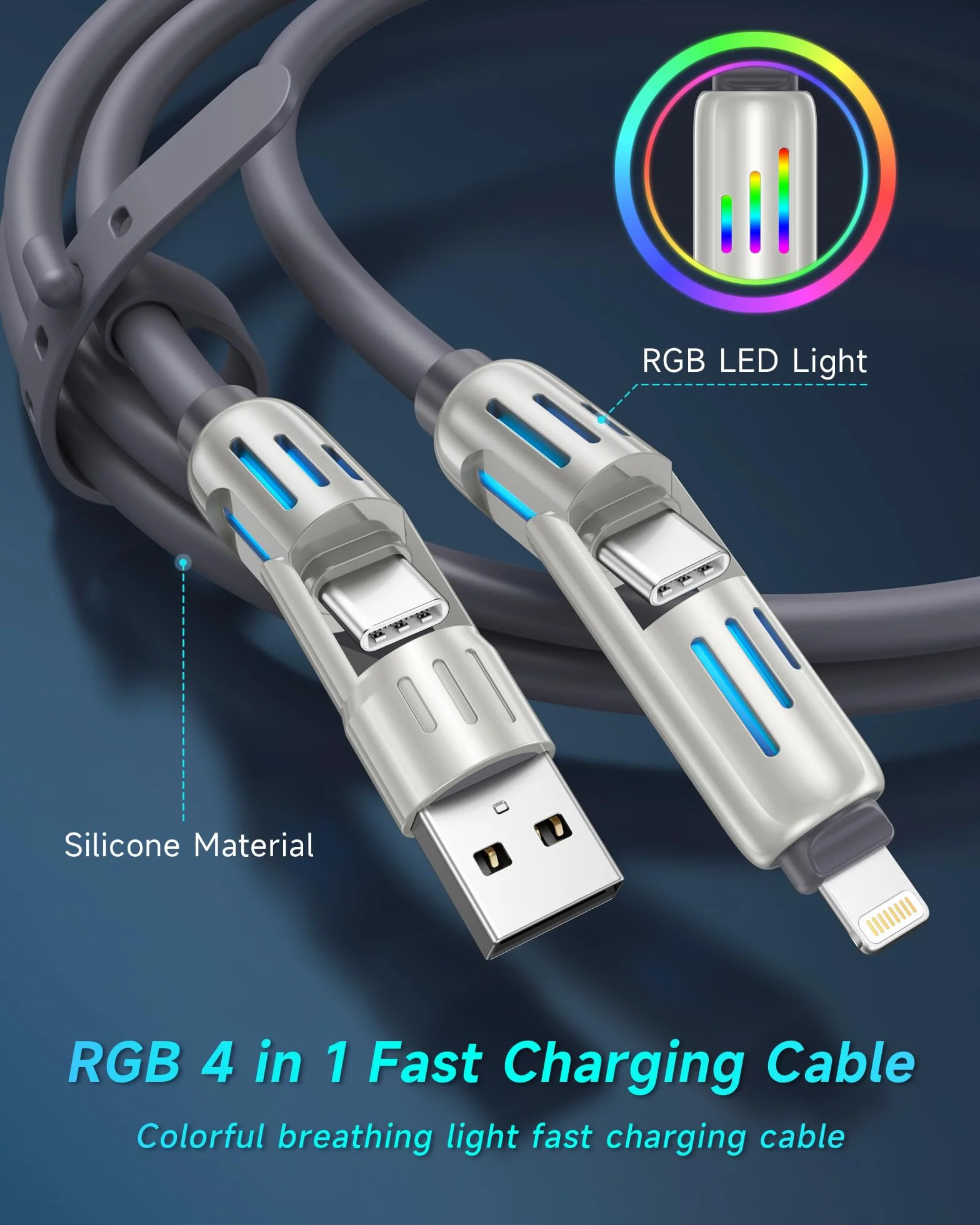 RAVIAD Multi kabel USB 4 w 1, uniwersalny kabel do ładowania [3M] 240 W, USB do szybkiego ładowania z oświetleniem RGB LED, USB C/USBA na Lightning, USBC/USBA na USBC do iPhone 16/15/14, Galaxy 24/23