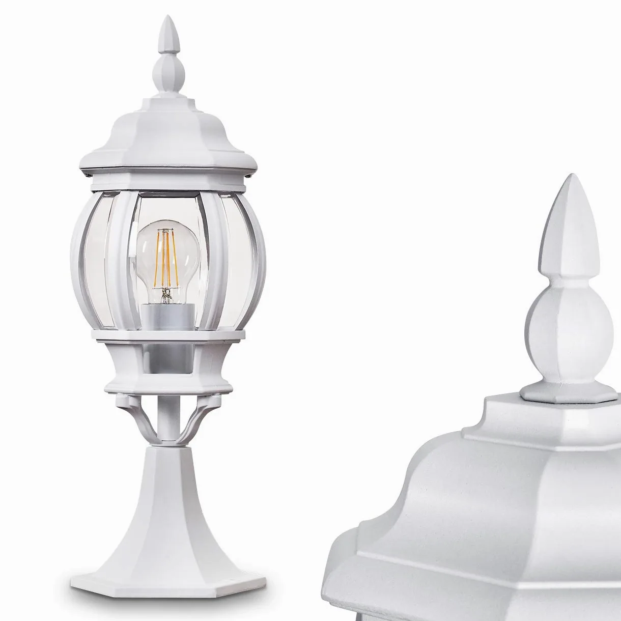 Lampa zewnętrzna Lentua, podstawa w stylu antycznym, odlew aluminiowy w kolorze białym z tarczami z tworzywa sztucznego, oświetlenie ścieżki 50cm, E27, IP44, bez żarówek