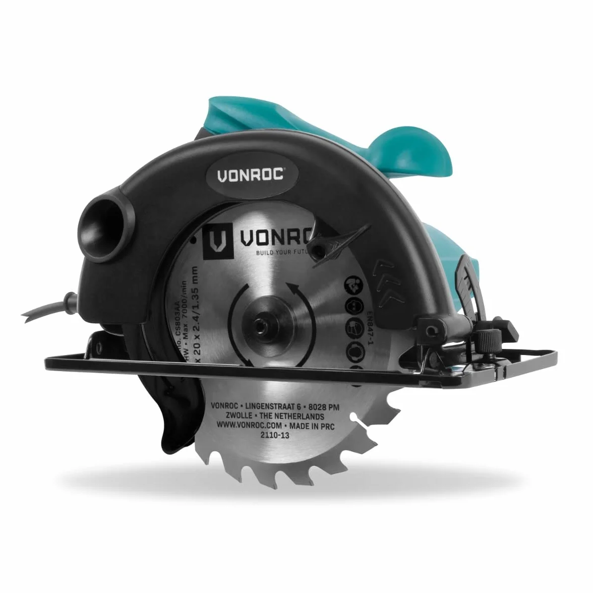 VONROC Piła Tarczowa 1200W – 5500 obr/min, 185mm, Cięcie Proste i Ukośne w Drewnie do 65mm, Prowadnica Równoległa, Brzeszczot 24T – Zestaw z Torbą na Narzędzia