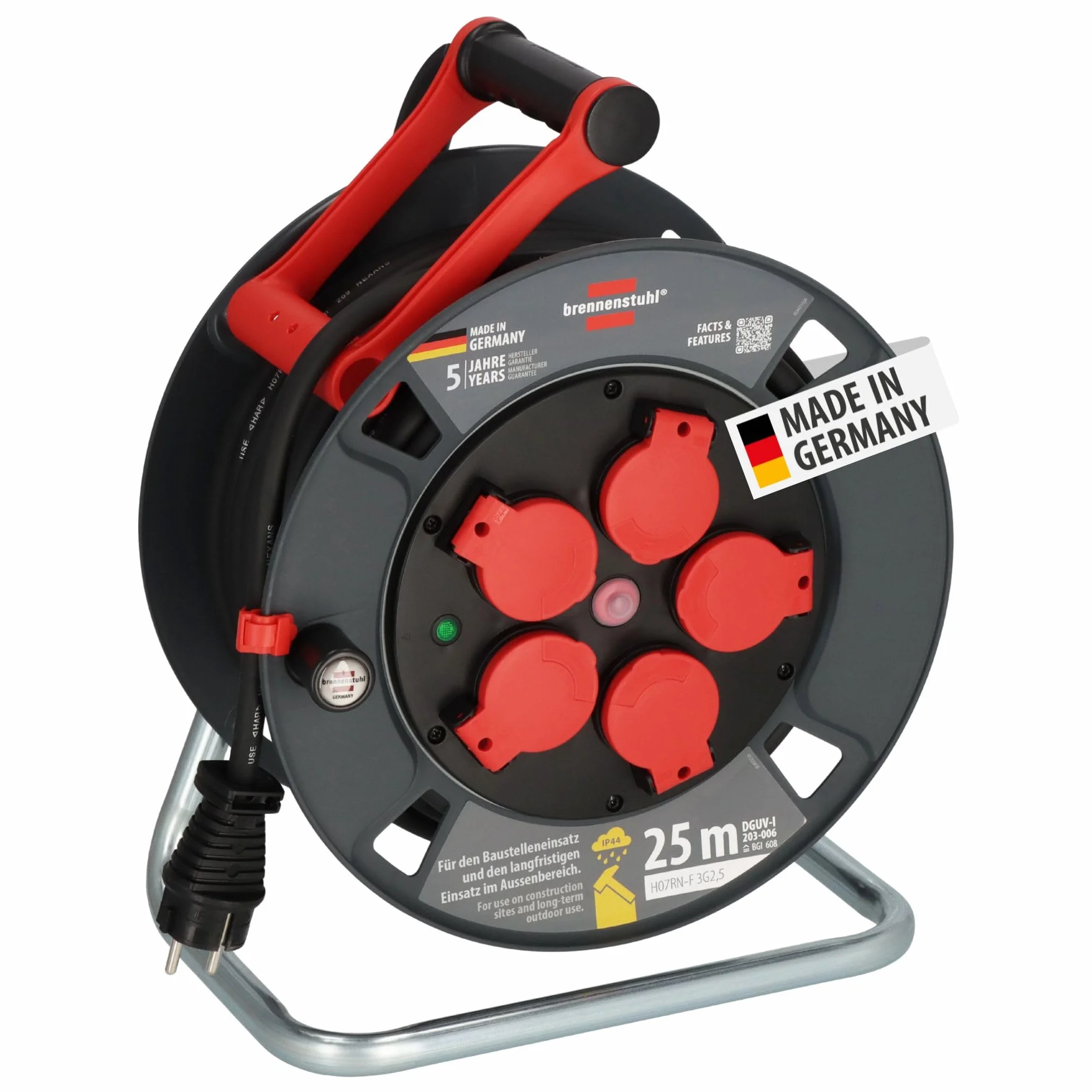 Brennenstuhl Professional bęben kablowy 300 KU 2200 (kabel 25 m w kolorze czarnym, wykonany ze specjalnego tworzywa sztucznego, do użytku na budowie i do stałego użytku na zewnątrz, Made in Germany)