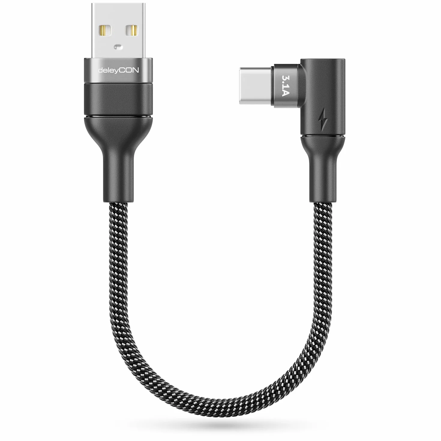 deleyCON 0,15m Kabel USB-C Kątowy 90° - Krótki Kabel ładujący i Danych USB-A do USB-C Pod Kątem do iPhone 17 16 15 Pro Max Air, Galaxy A16 A56 S25 S24 S23, Pixel, AirPods, Laptopa, PS5