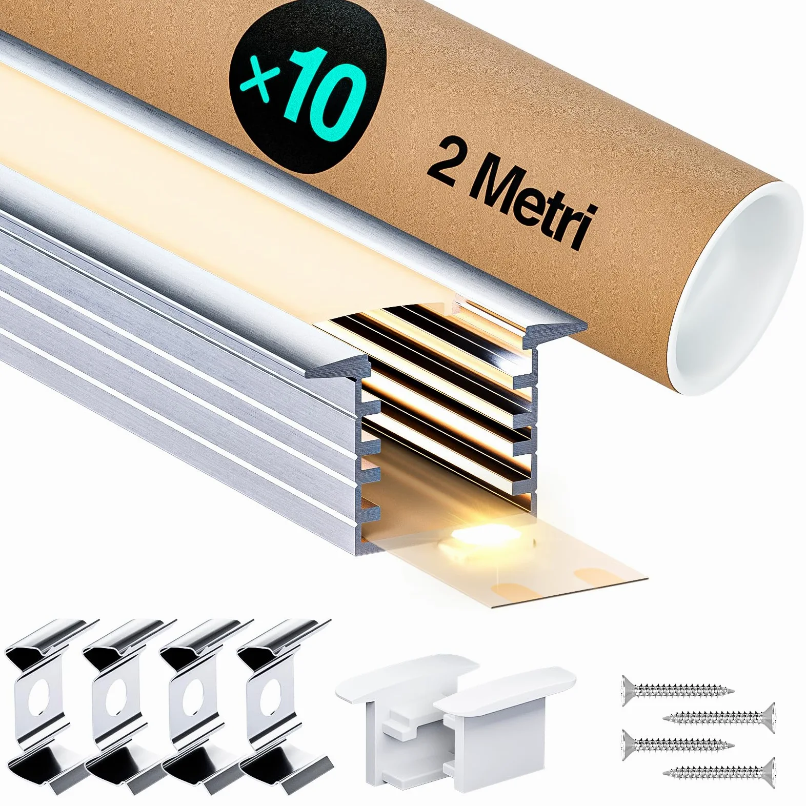 Profil LED 10 × 2 m (20 m), profil aluminiowy LED w kształcie litery U z osłoną, zaślepkami i klipsami montażowymi do taśm LED, dł. 2000 x 22 x 14,27 mm