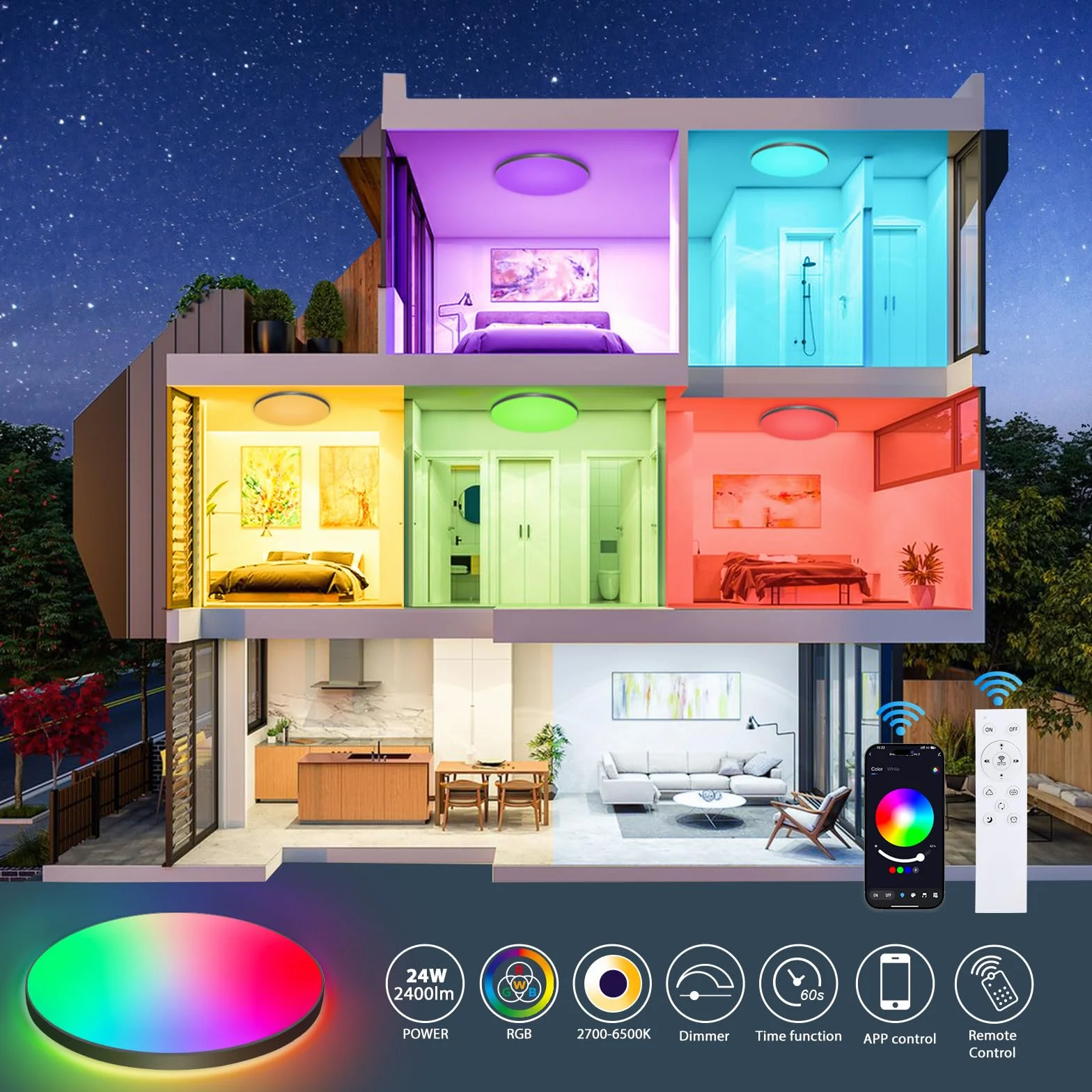 Lampa sufitowa LED, możliwość ściemniania, okrągła, czarna, 24 W, z pilotem, RGB sterowana aplikacją, 2700 K-6500K, inteligentna lampa sufitowa LED, do pokoju dziecięcego, biura, salonu, Ø30