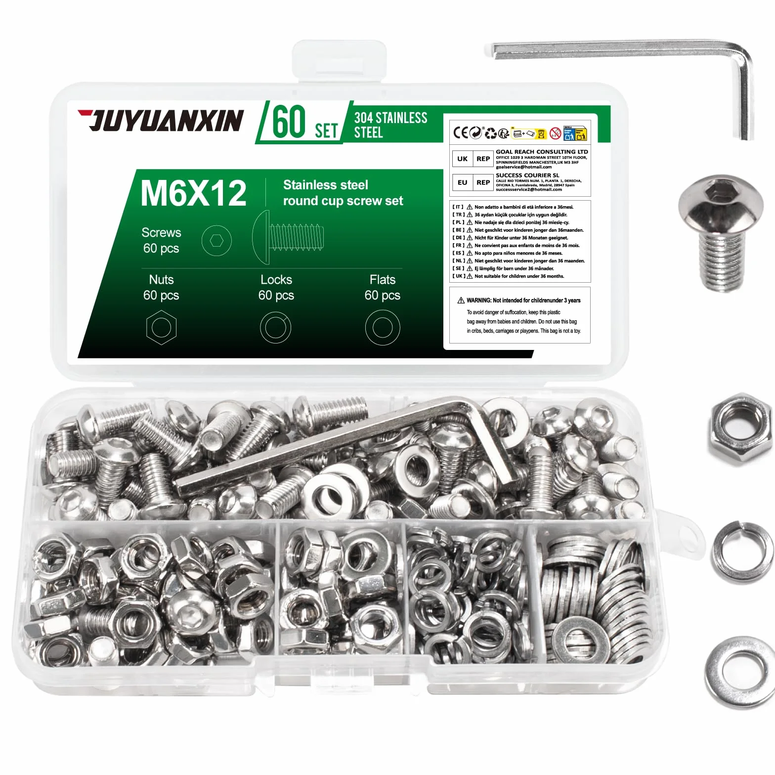 Zestaw 60 śrub M6 x 12 mm, śruby z łbem soczewkowym, zestaw nakrętek ze stali nierdzewnej, okrągłe śruby z łbem sześciokątnym z nakrętkami, śruby maszynowe, zestawy śrub gwintowanych i podkładek