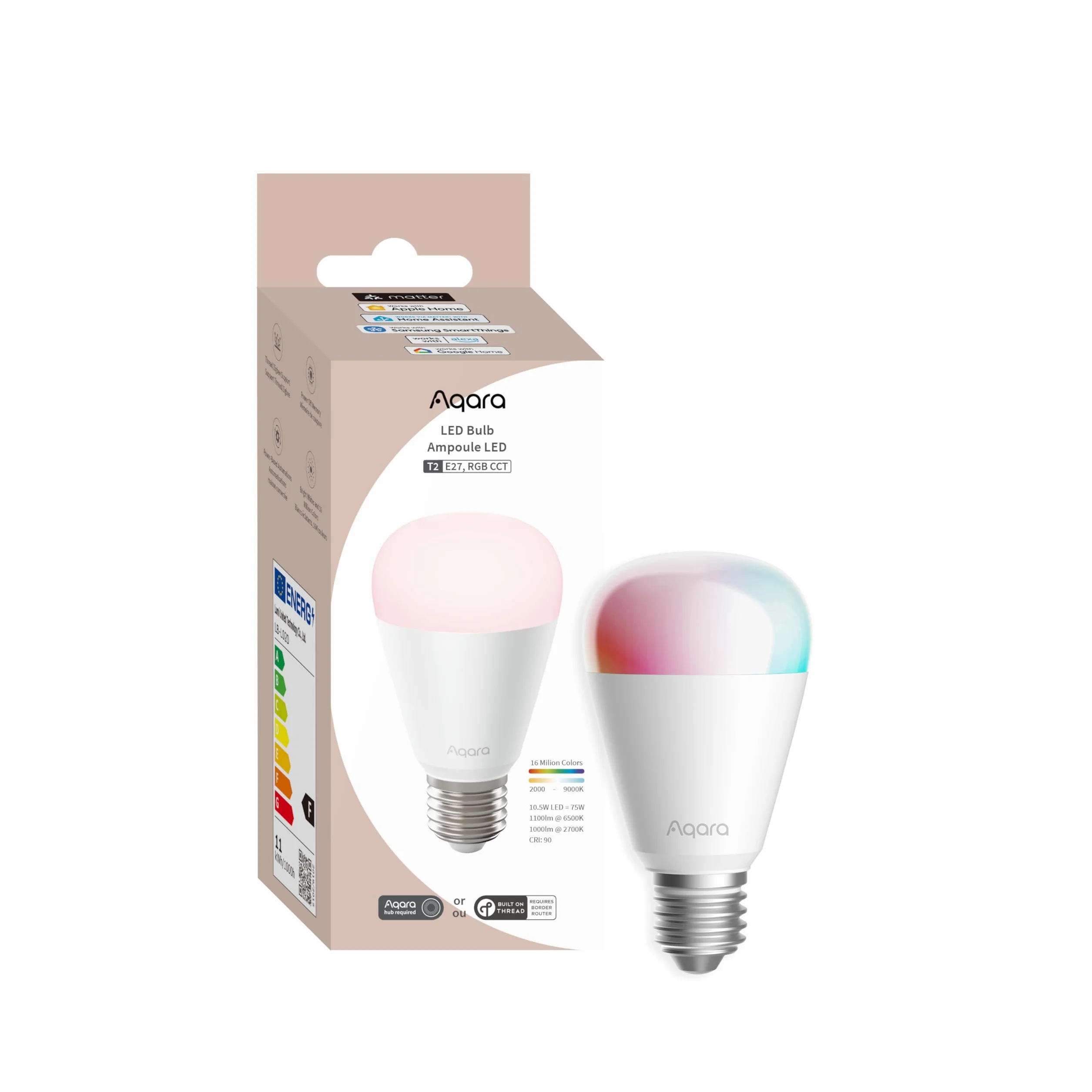 Aqara Żarówki LED T2 (E27, RGB CCT), Thread/Zigbee, Regulowana biel (2000 K-9000 K), RGB Zmieniająca Kolory z 16 Mln Kolorów, Odp. 75 W, Matter, Zgodna z HomeKit, Alexą, Google