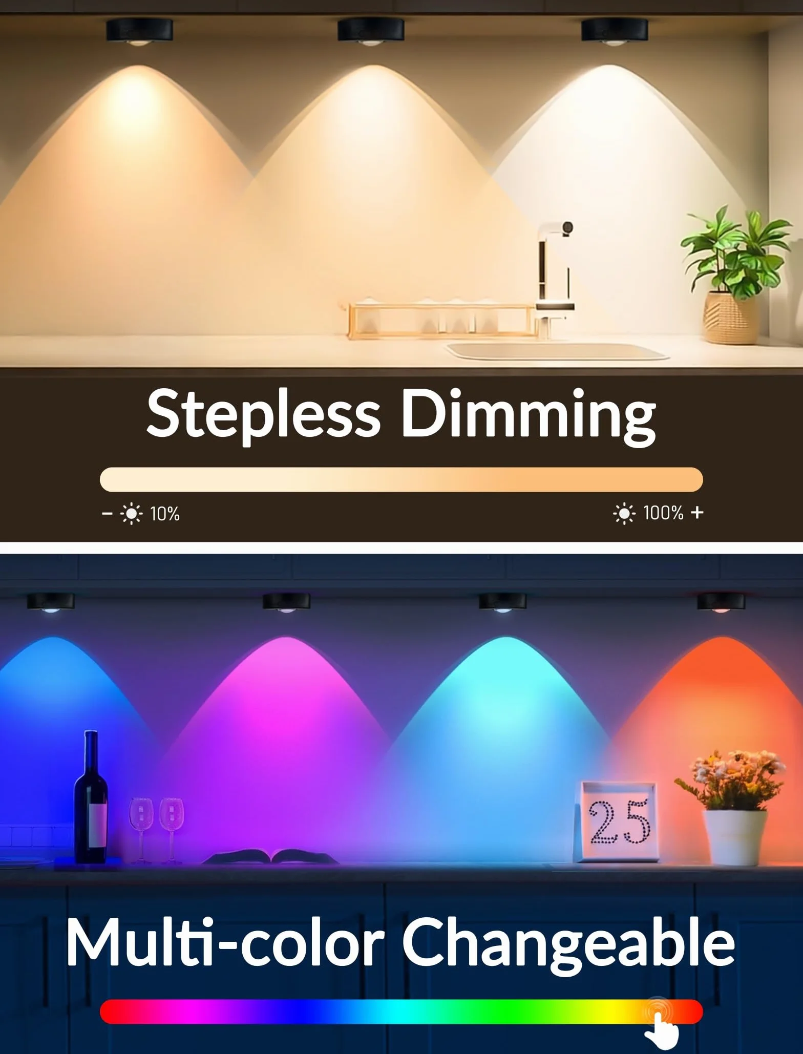 MERTTURM Unterbauleuchte LED z Funkcją Zmiany Koloru, 3 Temperatury Barwowe & RGB LED Spoty, Regulacja Jasności, Ładowanie USB, Akumulator, Magnetyczna Instalacja, Oświetlenie do Szafek i Witryn, 3pcs