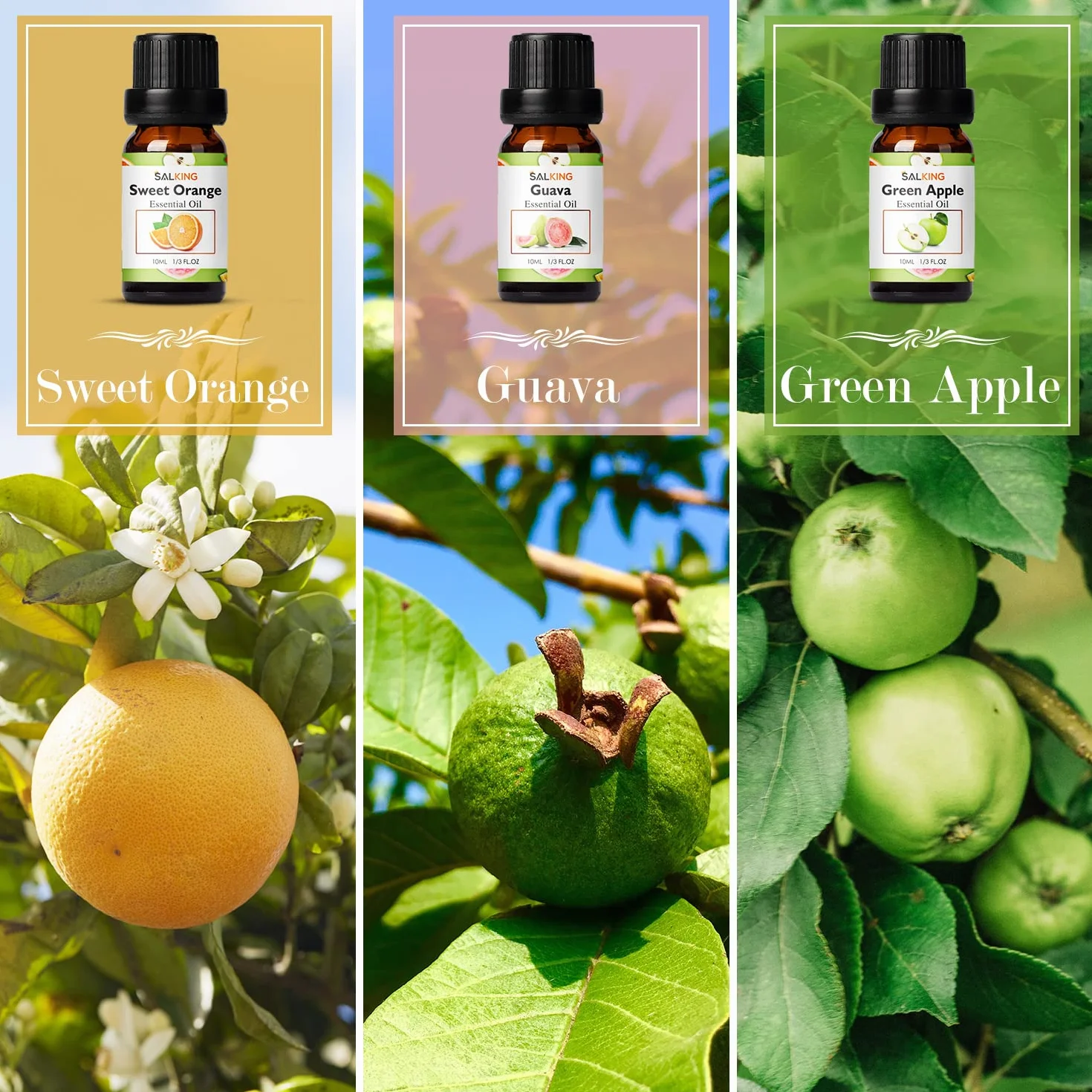 SALKING Zestaw olejków eterycznych, 6 x 10 ml, 100% bio, aromaterapia, olejek zapachowy, zestaw prezentowy do dyfuzora, nawilżacza powietrza, masażu, wiśni, ananasa, malin, słodkiej pomarańczy, guawy, zielonego jabłka